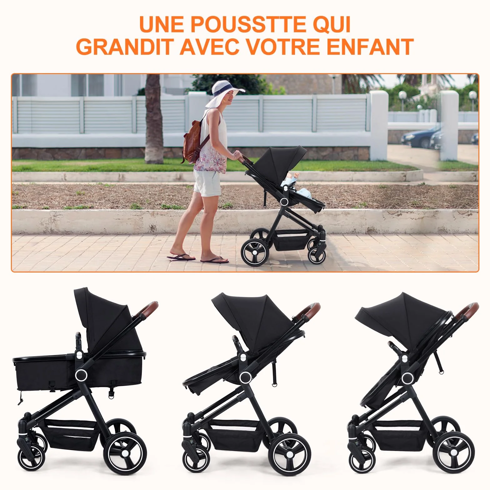 Garvee Poussette Compacte 2 en 1 Système de Voyage Pliable en Un Clic, Cadre en Aluminium pour 0-36 Mois