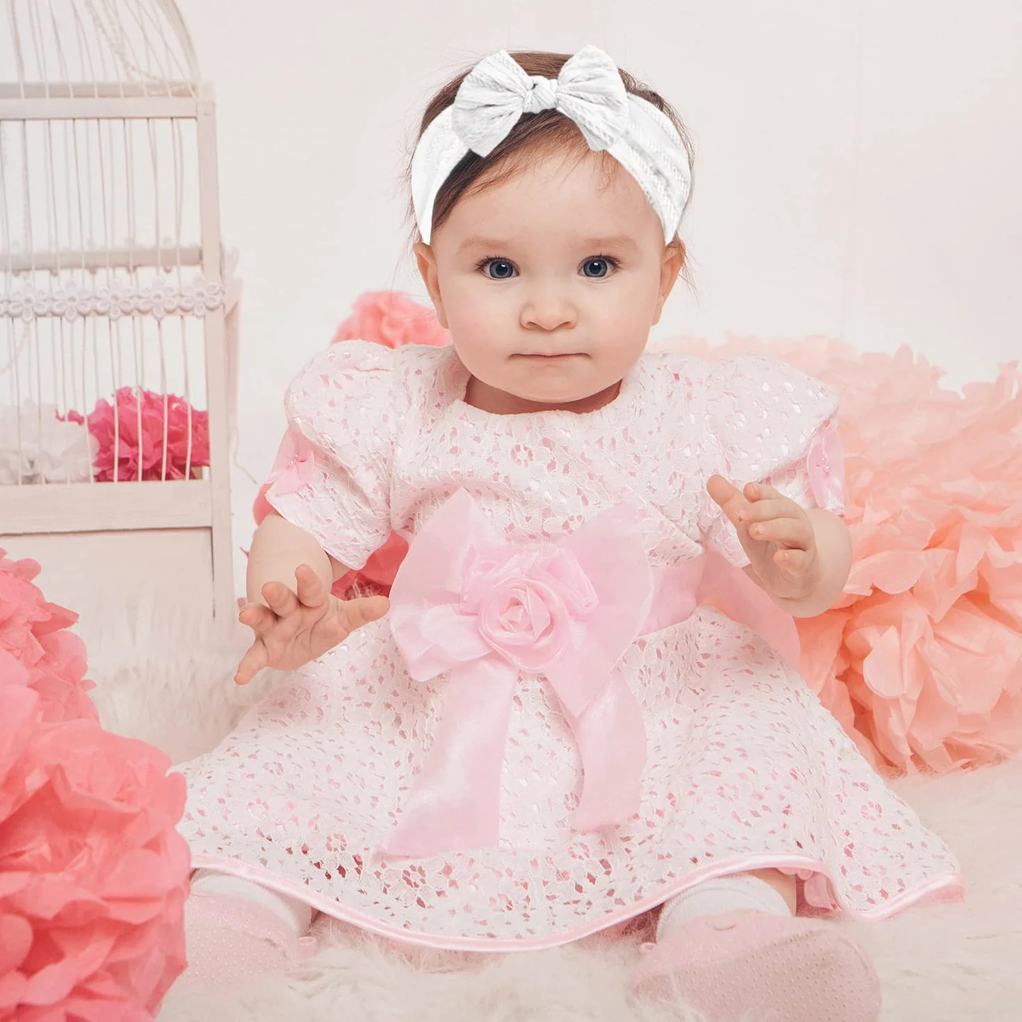 Bandeau Turban Bébé Fille Nylon Élastique Souple Rose Blanc 2 Pièces