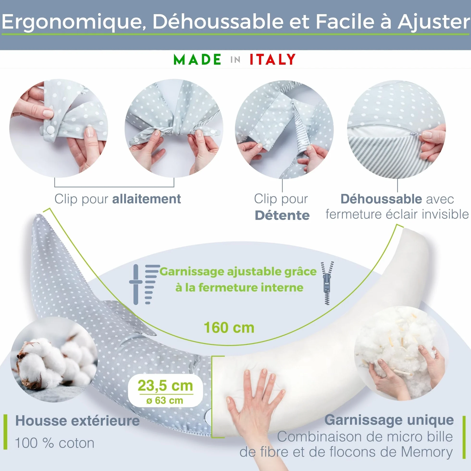 Dilamababy Coussin de Grossesse et d’Allaitement en Flocons de Mousse Mémoire et Boules de Fibre – Oreiller de Maternité Ergonomique – Housse Coton Amovible