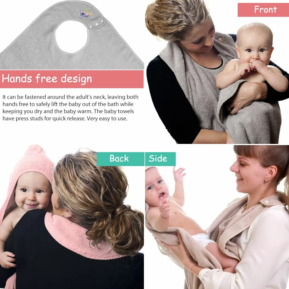 Serviette bébé coton doux absorbant capuche tablier mains libres gris