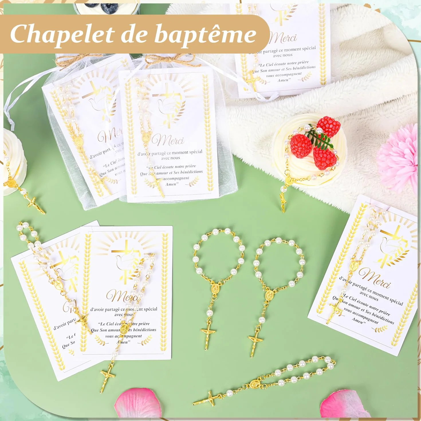 Chapelet en Acrylique Lot 12 Perles Carte Merci Sac Organza Cadeau Baptême Communion Mariage