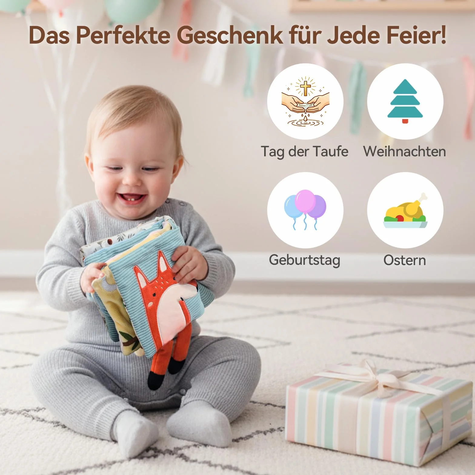 Livre de bébé en tissu avec miroir sensoriel crépitant pour nouveau-né 0-6 mois