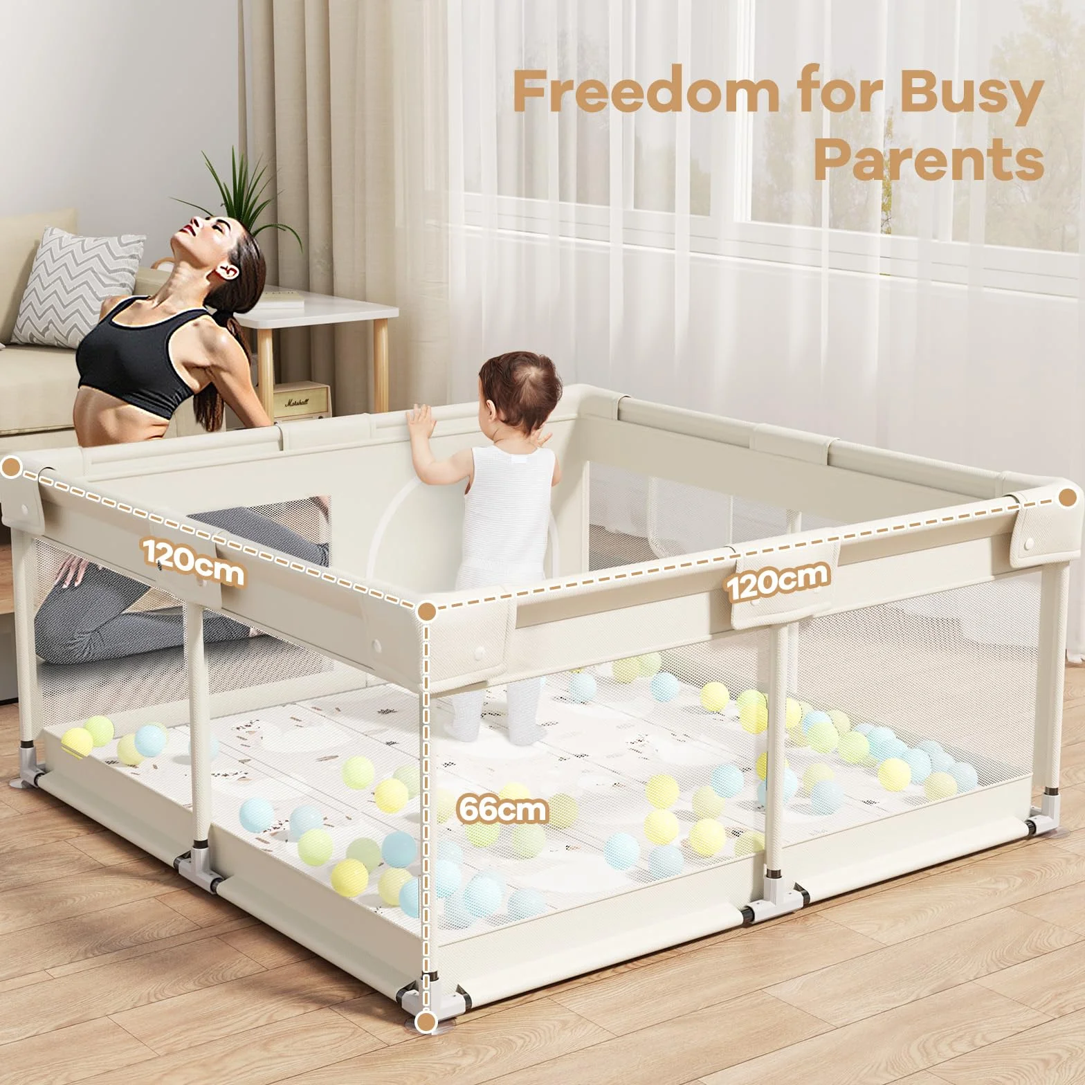 Parc Bébé Beige 120x120cm avec Tapis et Toile Oxford Durable, 2 Poignées Incluses