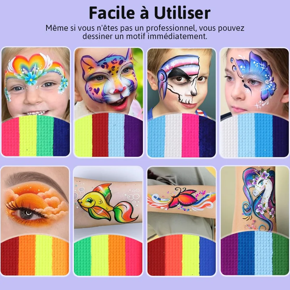 Janolia Palette Maquillage Enfant 34 Couleurs Fluorescents UV Peinture Visage avec 3 Pinceaux Kit Maquillage Carnaval Halloween