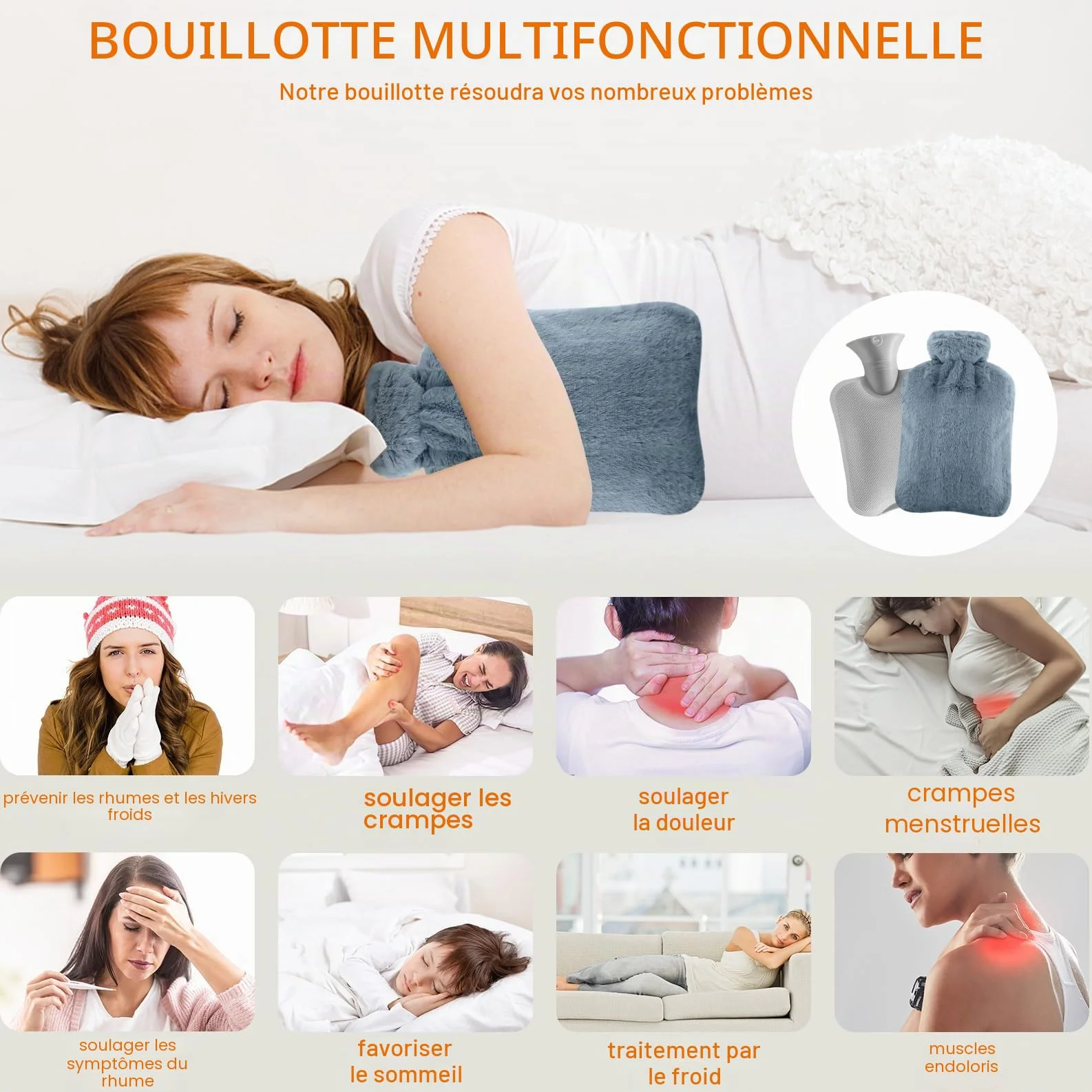 Bouillotte Eau Chaude 2L avec Housse en Peluche Antifuite Caoutchouc Amovible