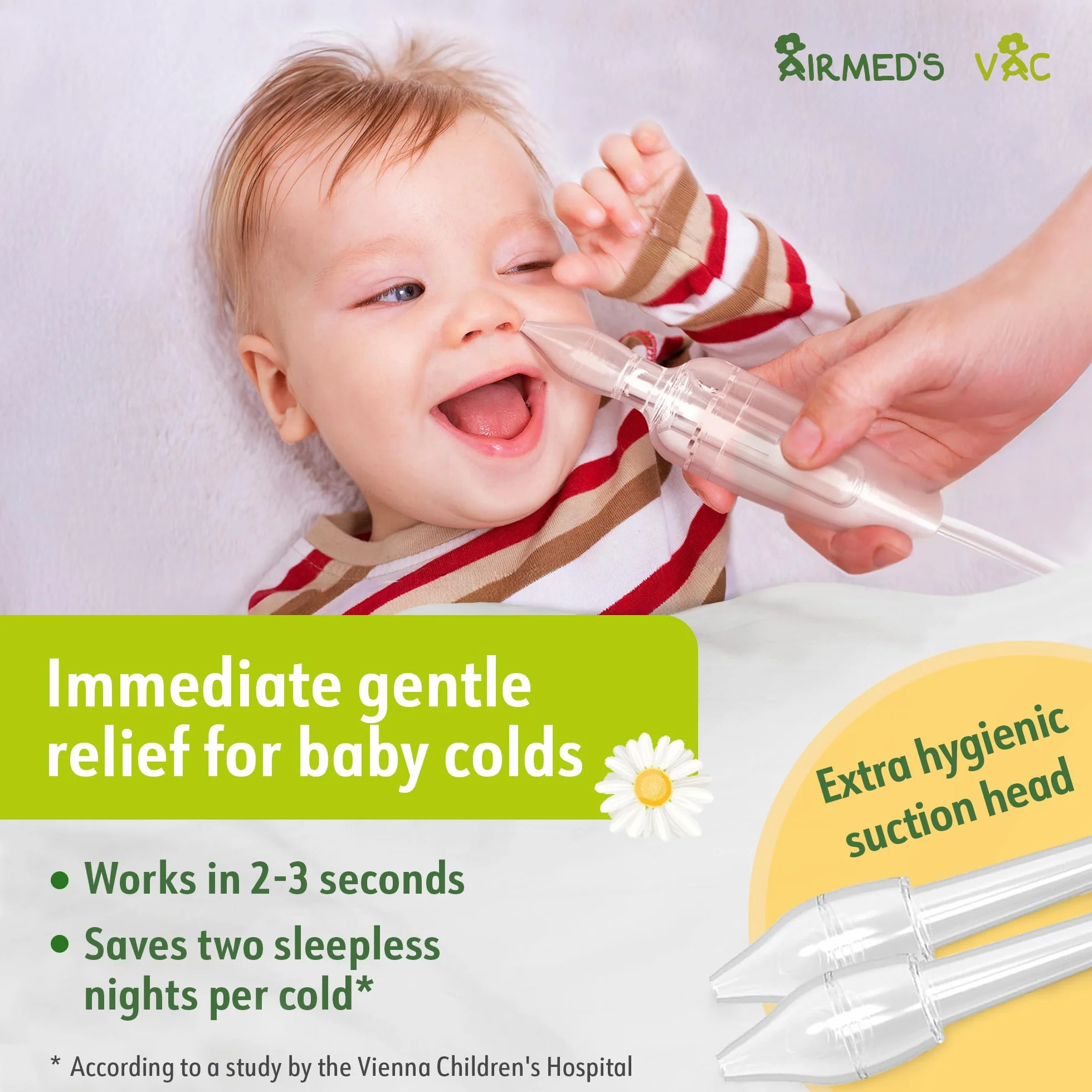 Airmed's Aspirateur Nasal Bébé - Testé Cliniquement, Sûr et Doux - Nez Dégagé en 3 Secondes - 2 Embouts + Brosse