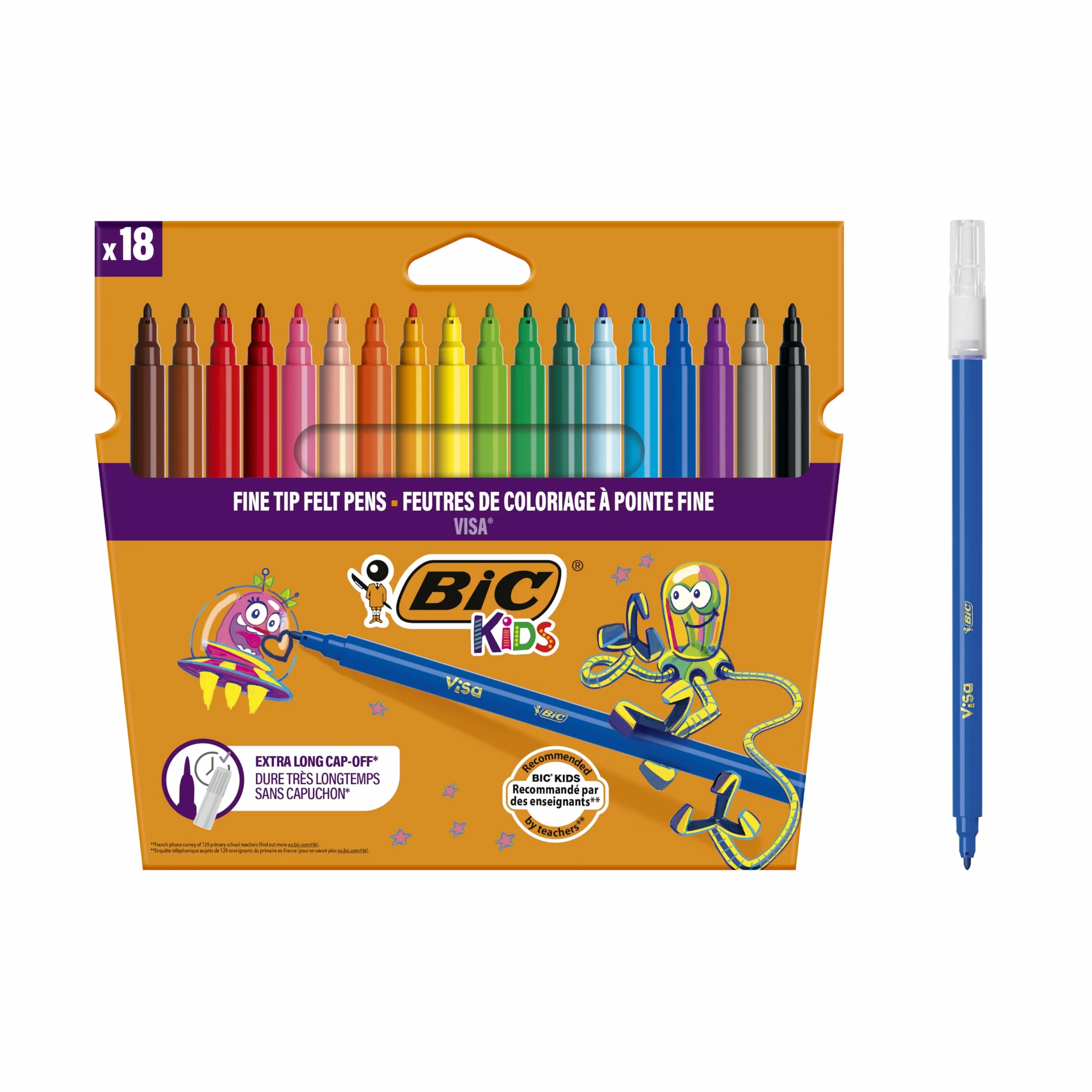 BIC Kids Visa Feutres de Coloriage à Pointe Fine, Lavables, Encre à base d'eau, 18 Couleurs Assorties