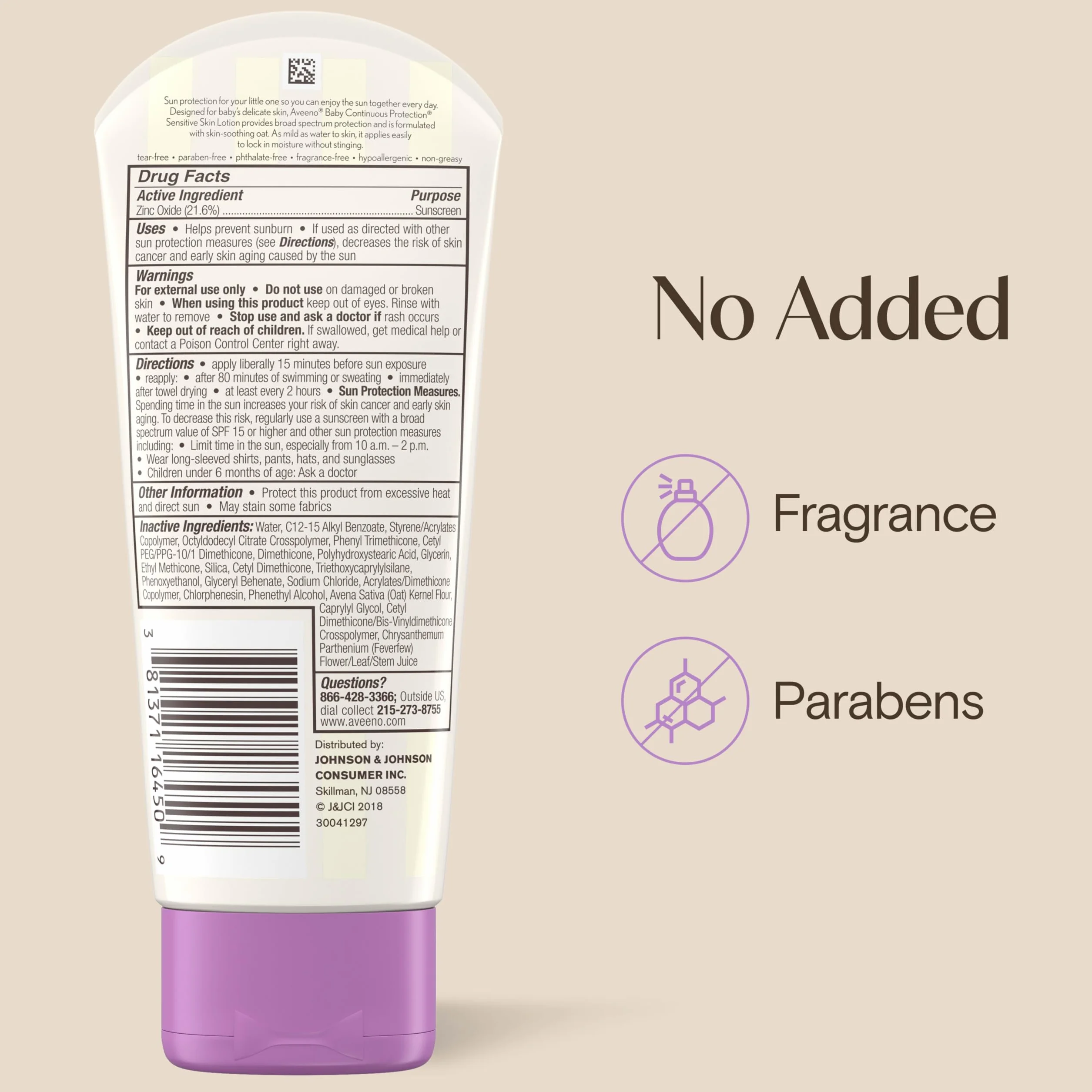 Aveeno Baby Continuous Protection Zinc Oxide Mineral Sunscreen Lotion SPF 50, Water Resistant, 3.0 Fl. Oz