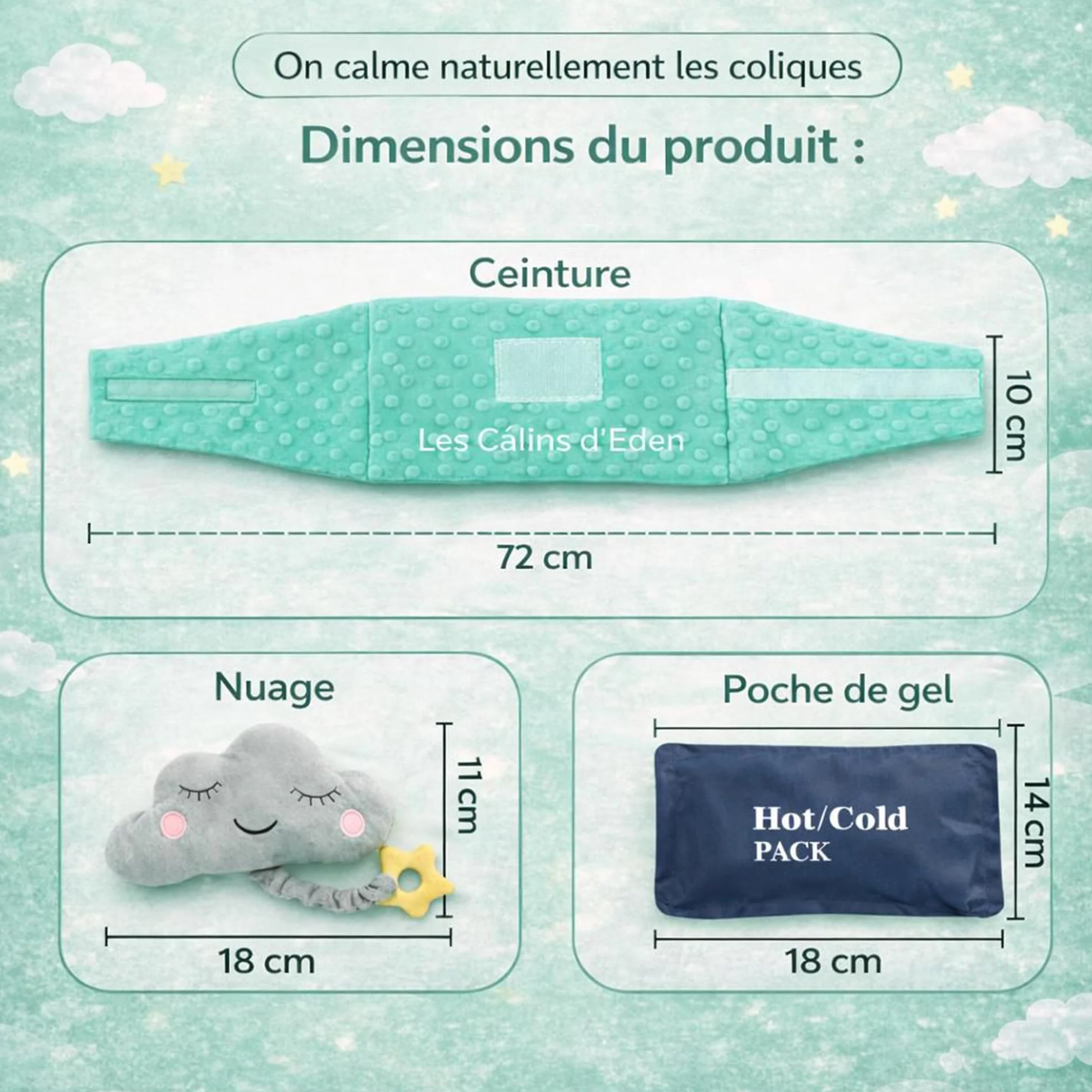 Ceinture bouillotte bébé anti-coliques poche gel chaud/froid doudou musical amovible anneau dentition silicone étoile housse satin Certifiée CE