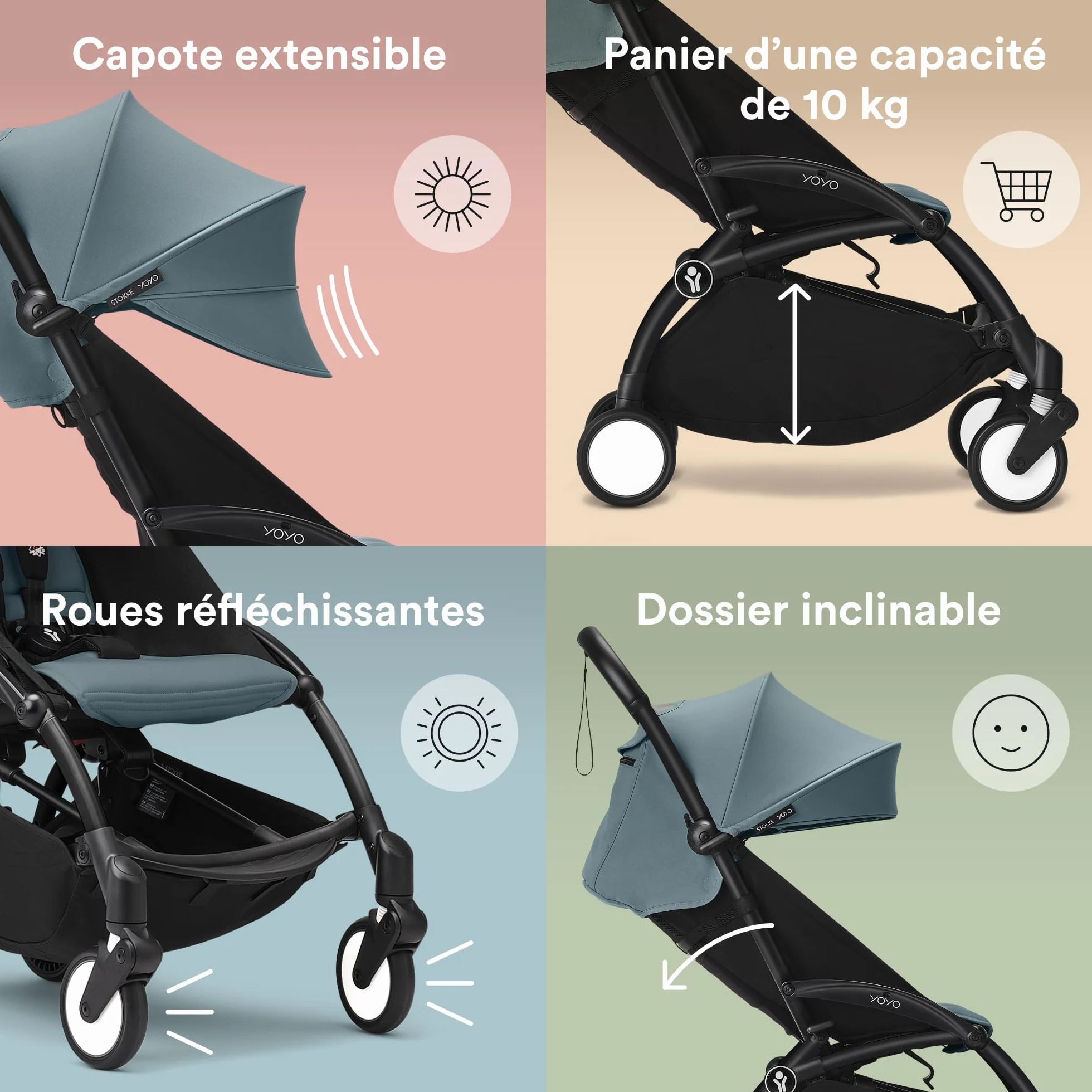 Stokke YOYO3 Poussette avec Pack Nouveau-né et Pack Couleur 6+ (Aqua) Cadre Noir