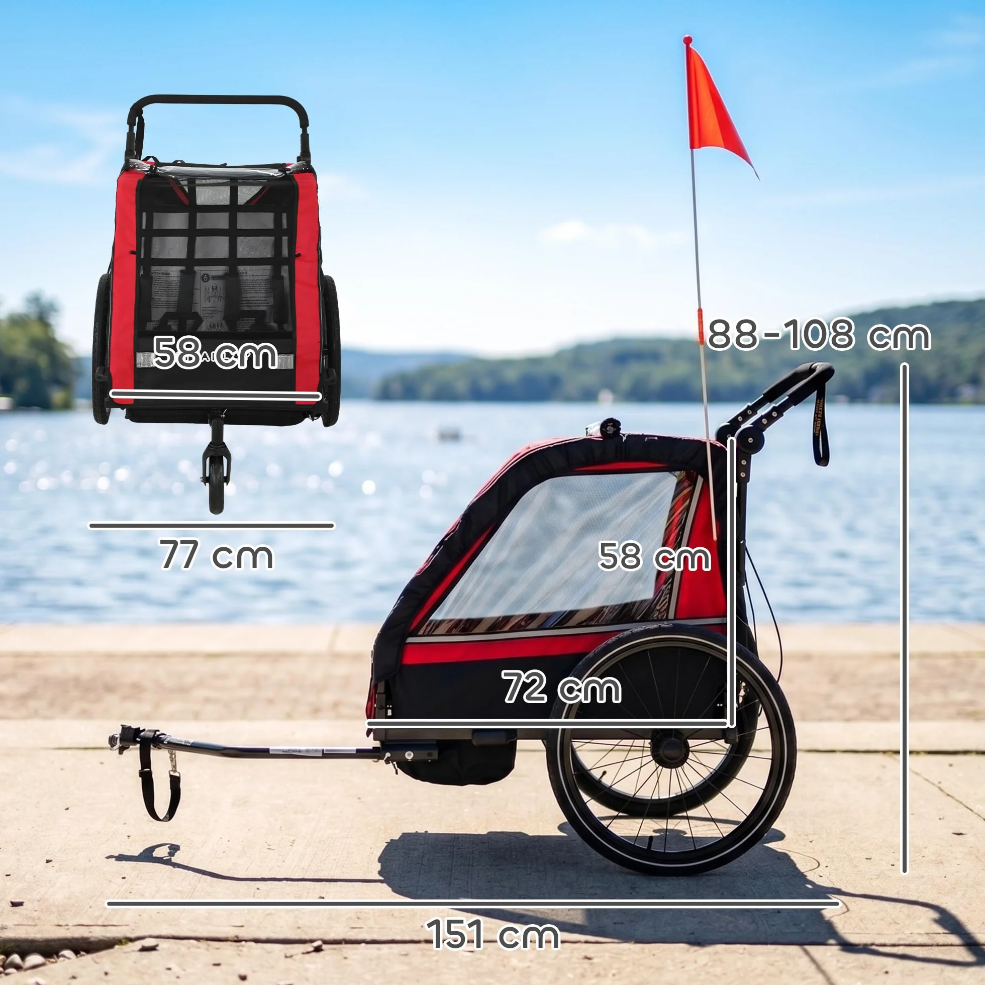 AIYAPLAY Remorque vélo Enfant 2 Places 2 en 1 Poussette bébé Guidon réglable Frein à Main Ceinture sécurité 5 Points attelage Universel 38 kg Rouge