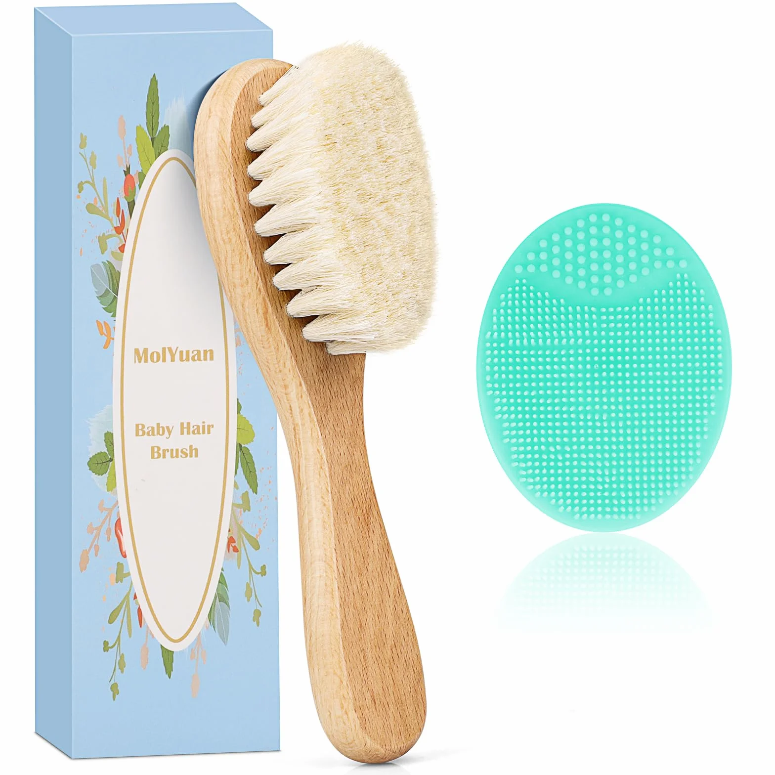 Brosse cheveux bébé en bois poils de chèvre doux pour nouveau-né garçons filles vert