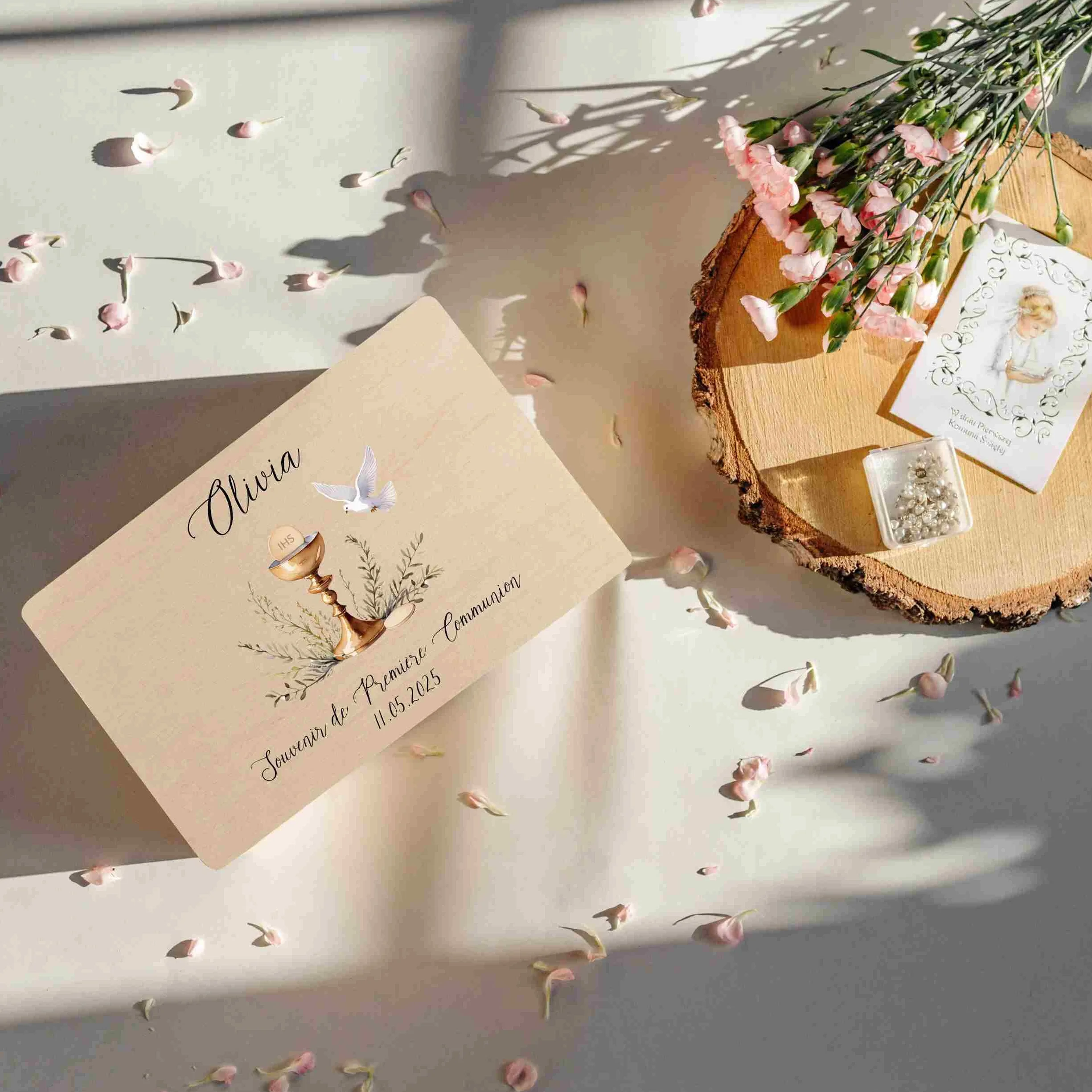 Boîte à Souvenirs en Bois Personnalisée Première Communion Cadeau Calice