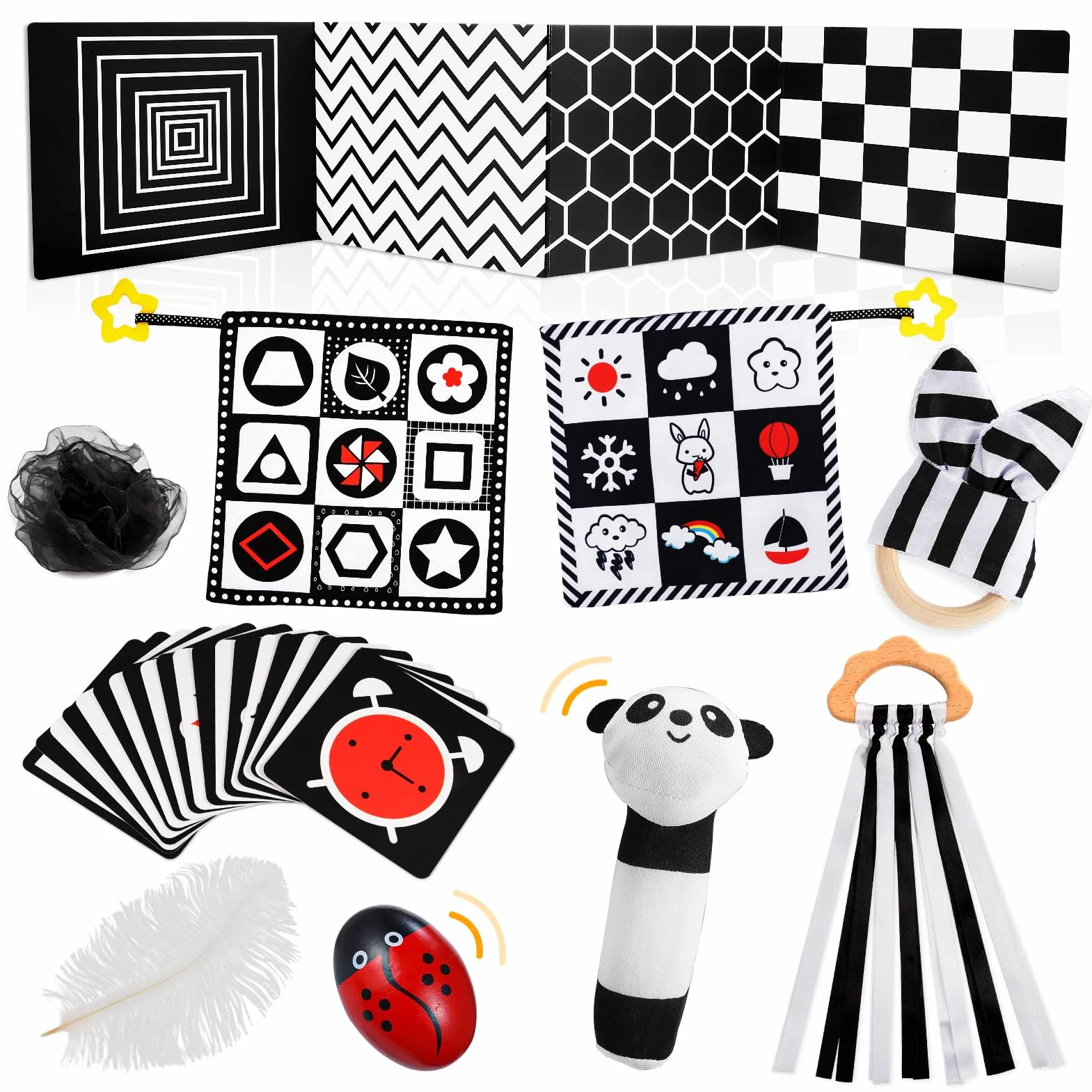 HappyKidsClub Livre Carte Montessori Sensoriel Tissu Noir Blanc Bebe 0-12 Mois Jouets d'éveil