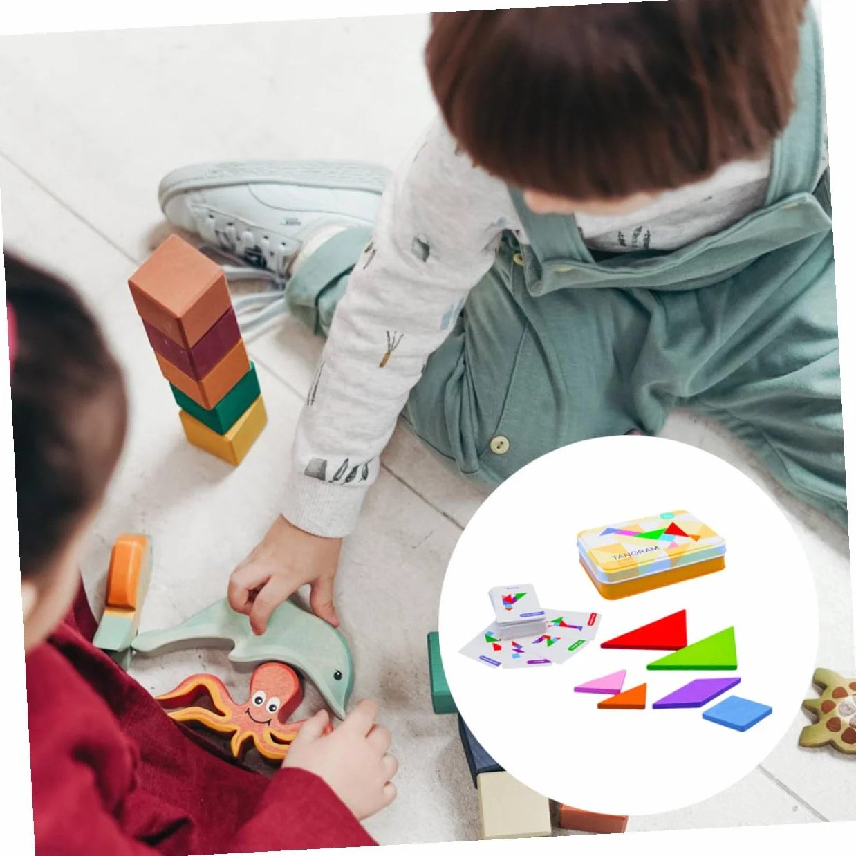Jeu de Puzzle Tangram en Bois Éducatif pour Enfants, Coffret en Fer avec Cartes, Apprentissage Géométrie