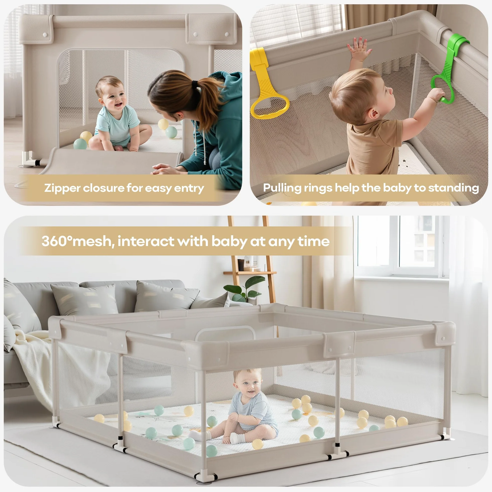 Parc Bébé en Tissu Oxford 150×150×68cm avec Tapis, Barrières et Filet Respirant