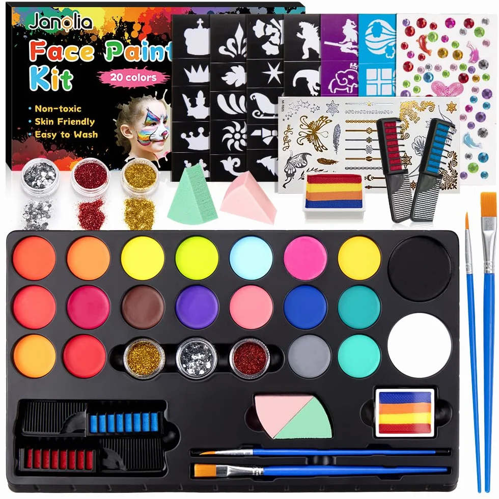 Janolia Palette Maquillage Enfant 20 Couleurs Peinture Visage avec 2 Pinceaux 60 Pochoirs Kit Maquillage Carnaval Halloween