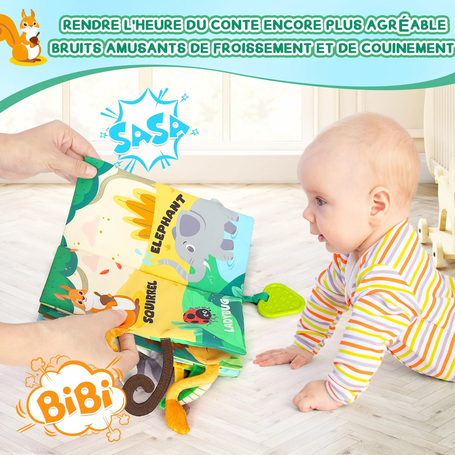 Livre bébé 0-12 Mois en Tissu Montessori Animaux 3D avec Anneau Dentition, Jouet d'éveil sensoriel Tummy Time Lavable