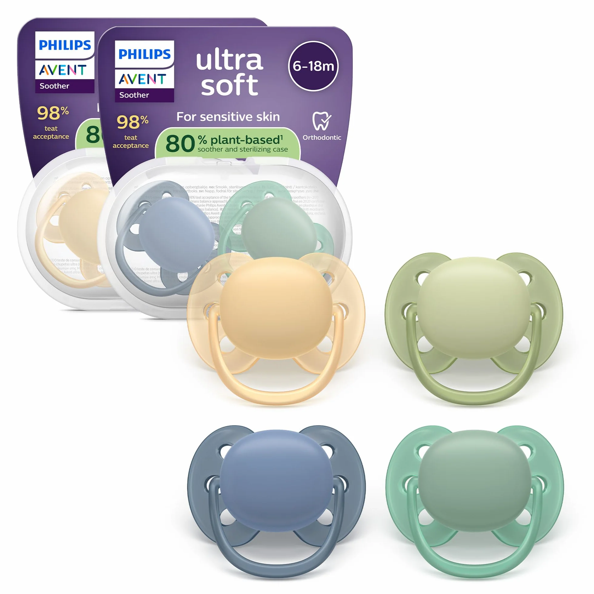 Philips Avent sucettes ultra-douces Tétine orthodontiques 6-18 mois silicone végétale sans BPA lot de 4 SCF091/53