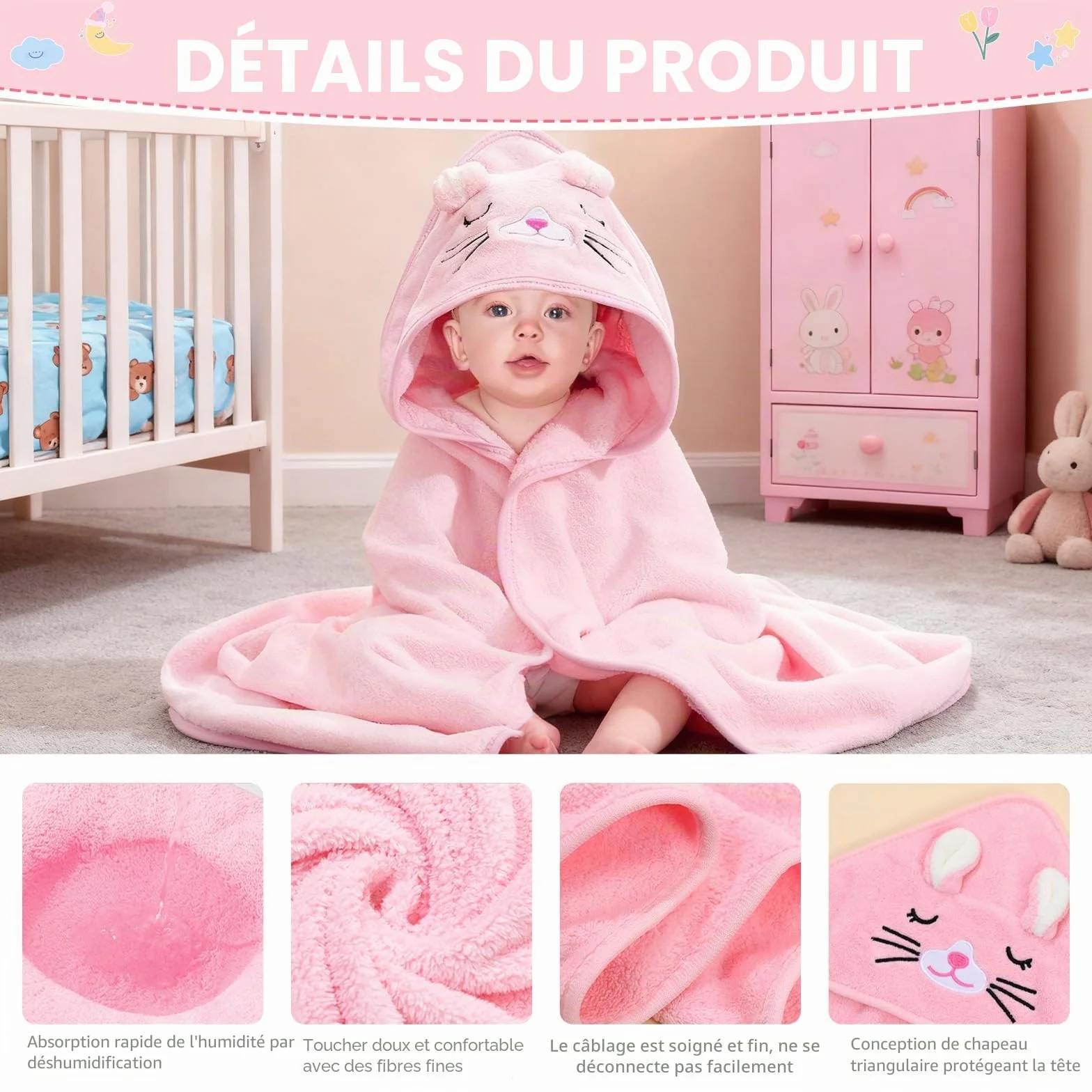 Serviette de Bain à Capuche Bébé Polaire Corail 80x80 cm Absorbante Lot 3 Chat Rose Cerf Café