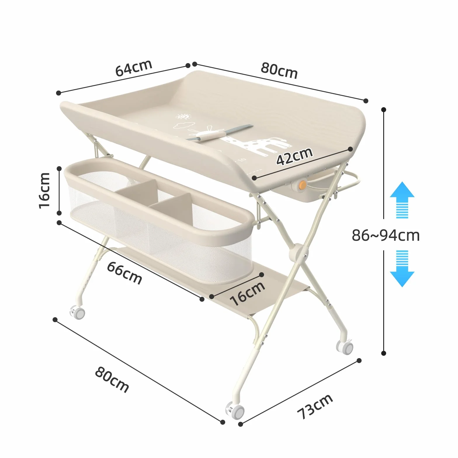 Supfine Table à Langer Pliable avec Panier Latéral, Réglable en Hauteur, Roulettes Verrouillables, Crème