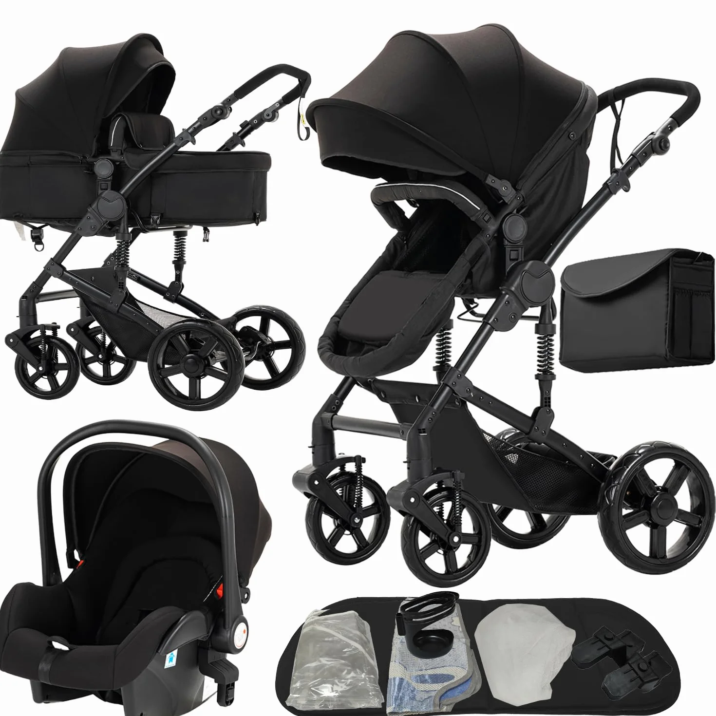 Poussette 3 en 1 avec Double Modes de Poussée Réversibles, Grande Nacelle Confortable, Cadre Aluminium Haute Paysage (588 Black)