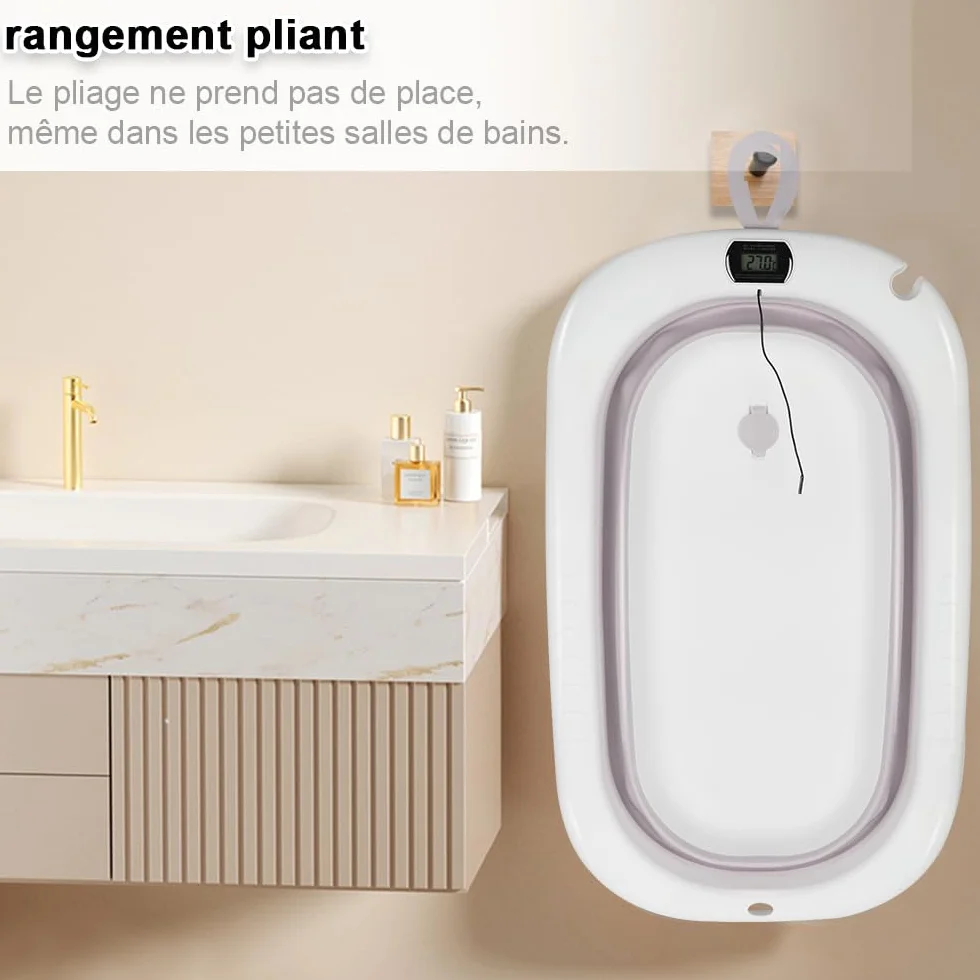 Baignoire Pliable Bébé avec Thermomètre à eau 80x50x23 Gris