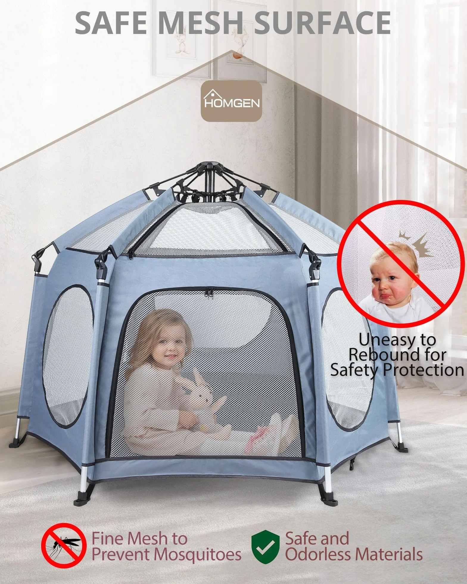HOMGEN Parc de jeu pliable 144 x 103 cm avec 3 housses UV amovibles en tissu Oxford 450D pour bébé