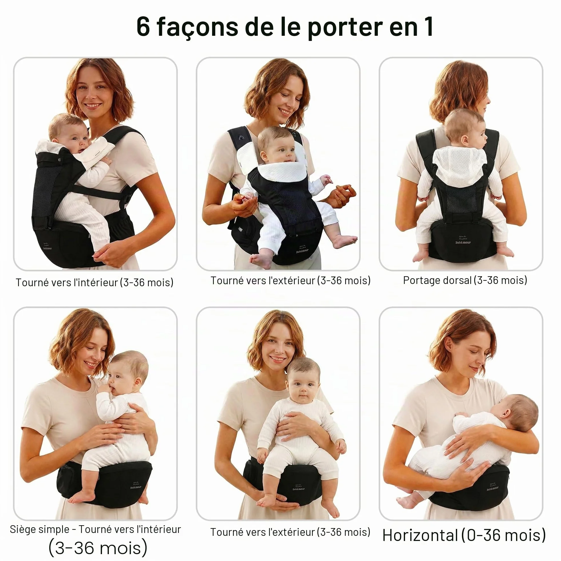 Bebamour Porte-bébé Hipseat 0-36 mois avec capuche et accessoires Beige