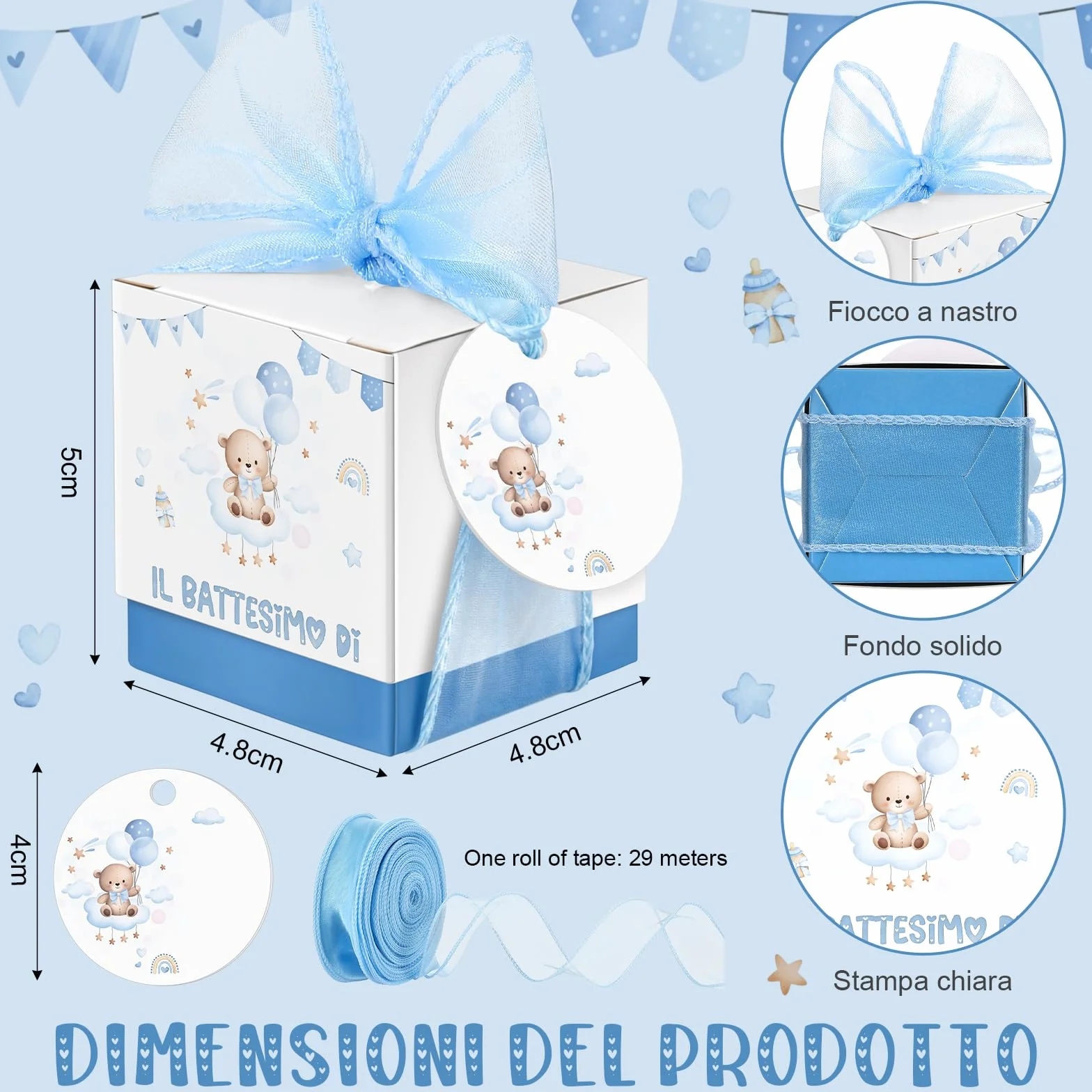 Jadive Boîtes à Dragées Baptême Personnalisables Étiquettes Ruban Cadeau Ours Arc-En-Ciel Bleu clair