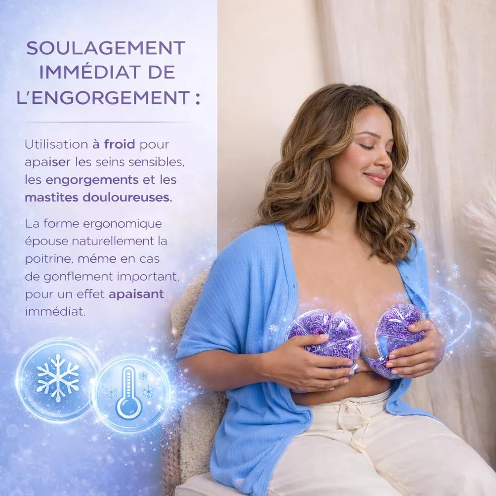Société Française Coussinet Gel Allaitement Lot de 2 Compresses 3-en-1 Chaud/Froid pour Sein - Soulage Engorgement Mastite Douleurs Réutilisables
