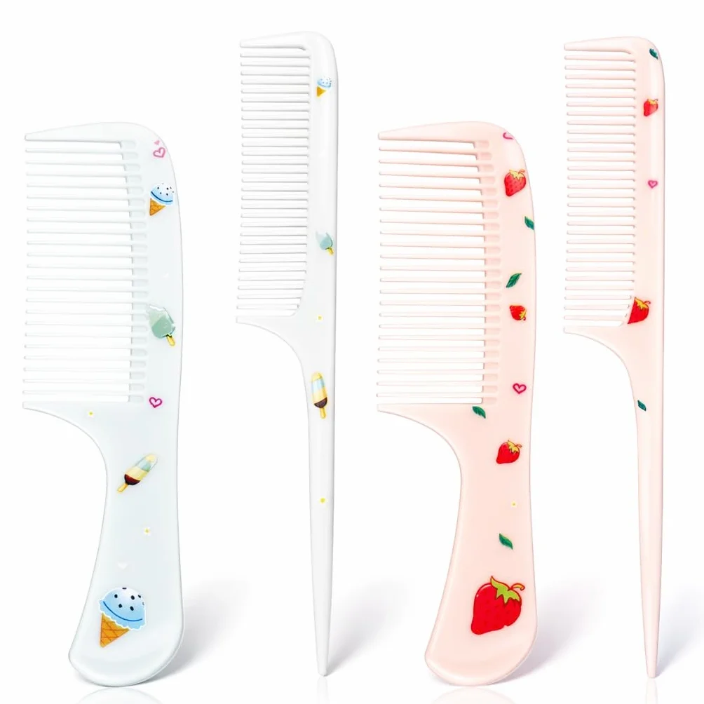 Lot de 4 peignes à cheveux mignons pour bébé en fraise & glace, miniatures, dents fines & queue de rat
