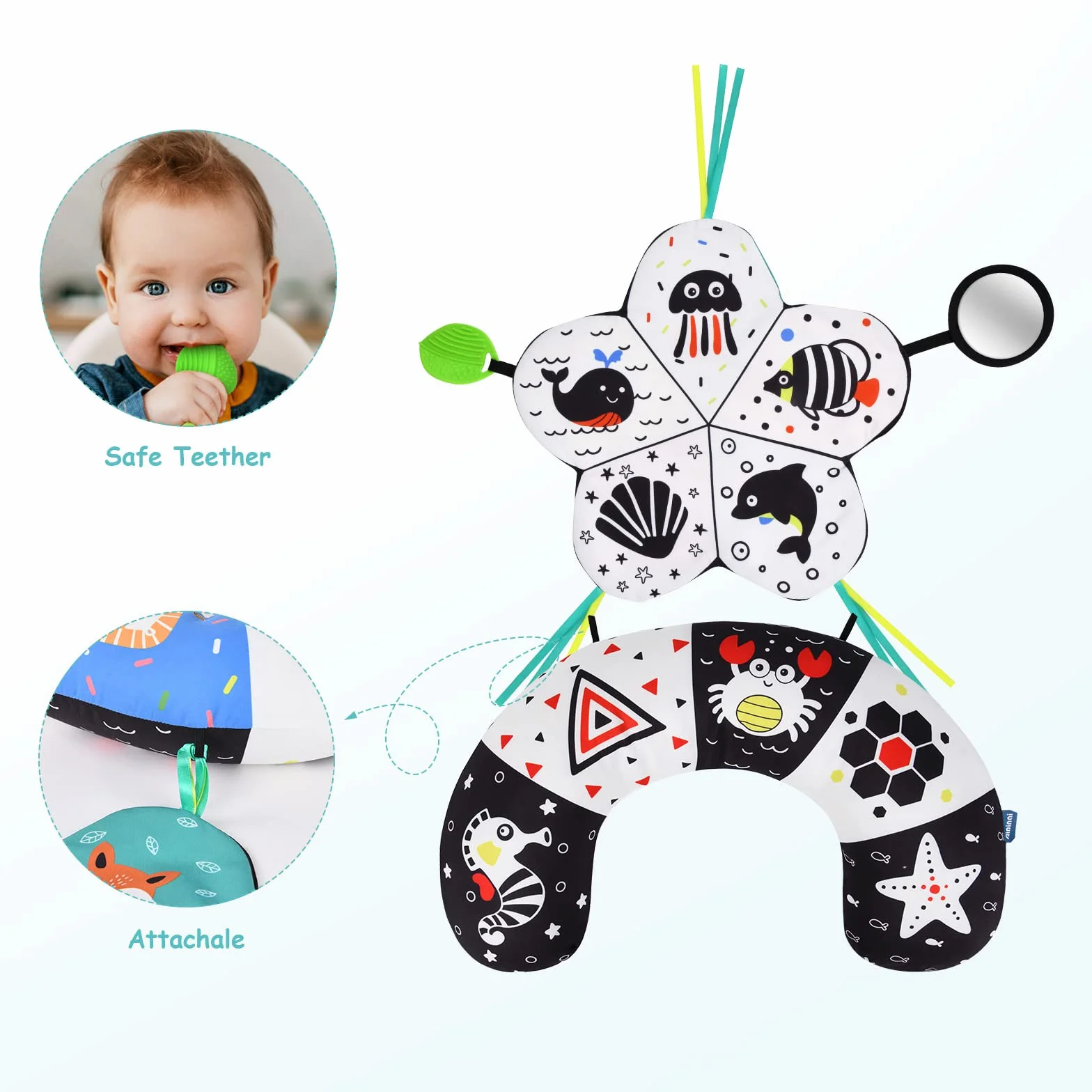 Oreiller pour le Temps du Ventre de Bébé Noir et Blanc à Contraste Élevé avec Support Amovible et Miroir