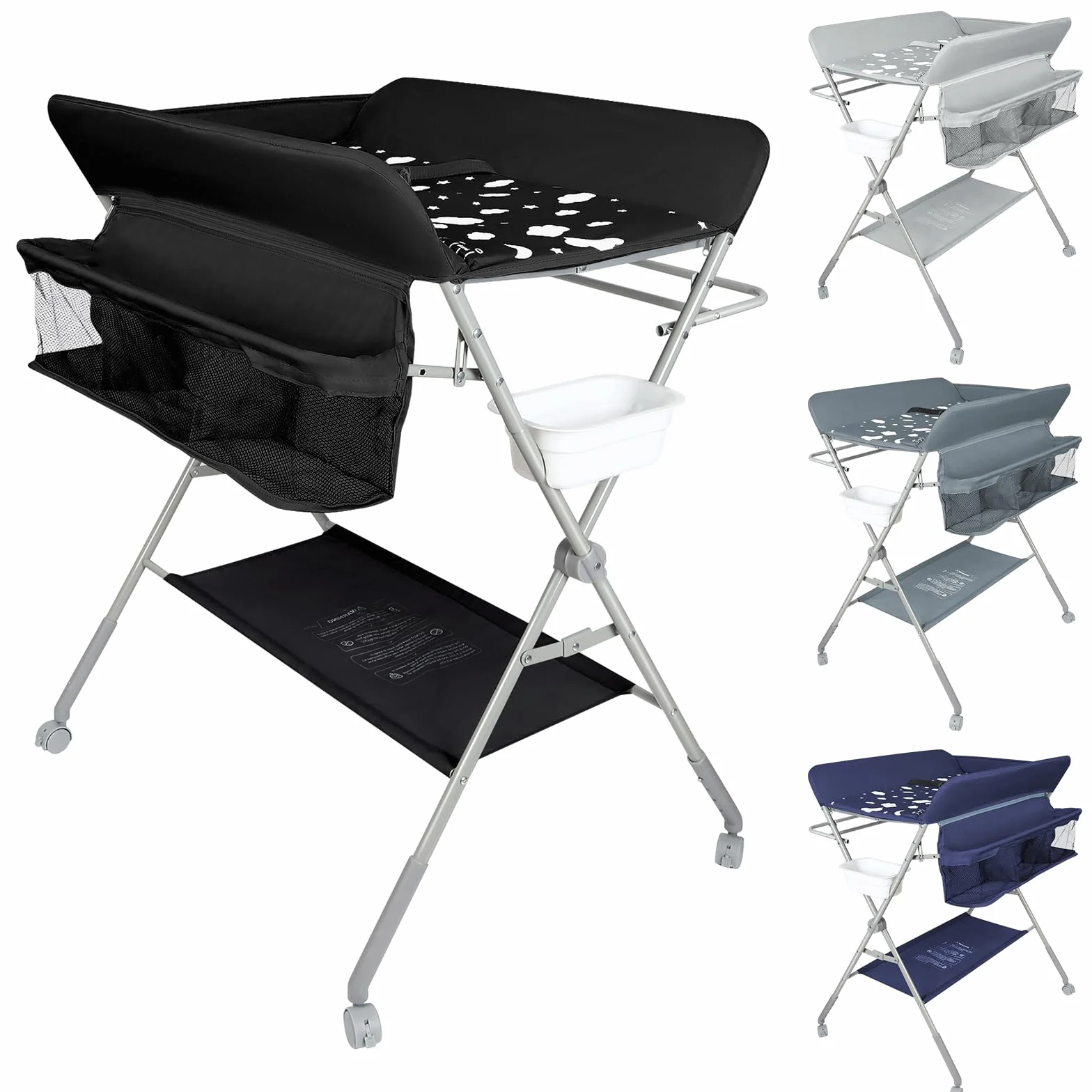 Table à langer pliable avec matelas, roulettes et harnais de sécurité, réglable en hauteur