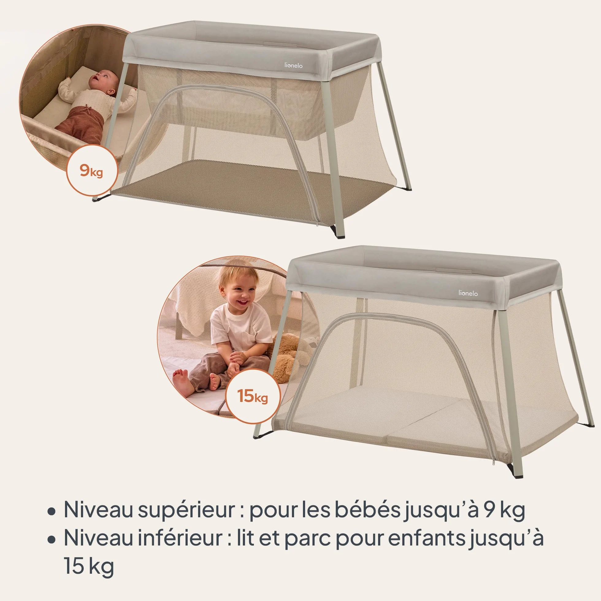Lionelo Lit de Voyage Bébé Parc Enfant 3en1 Alice 0-15 kg Matelas Mousse 2 Niveaux Hauteur Pliable Léger Entrée Latérale Sac Voyage Beige