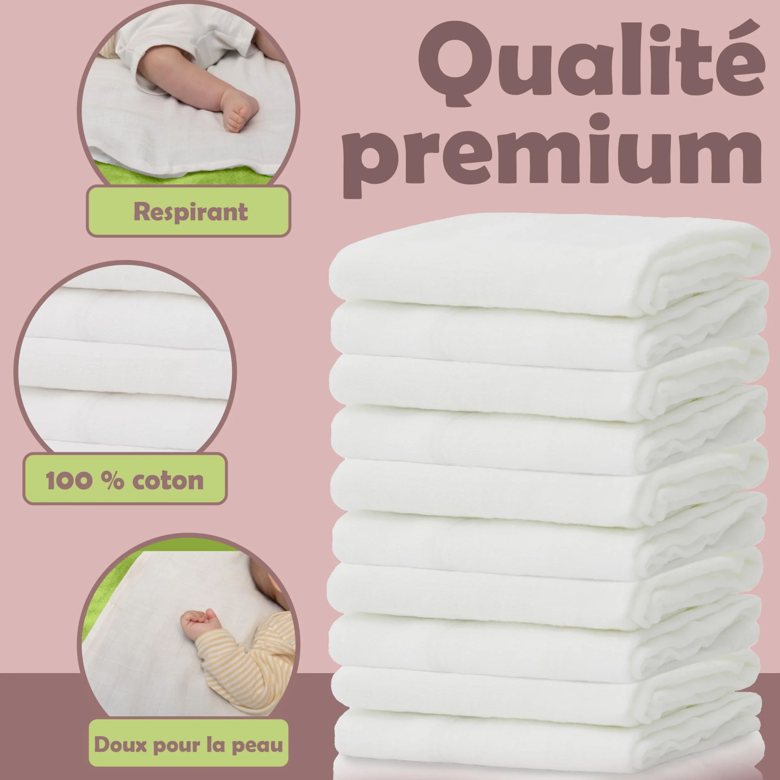 NatureMark Lot de 10 Linges en Mousseline pour Bébé 100% Coton 70x70 cm Blanc