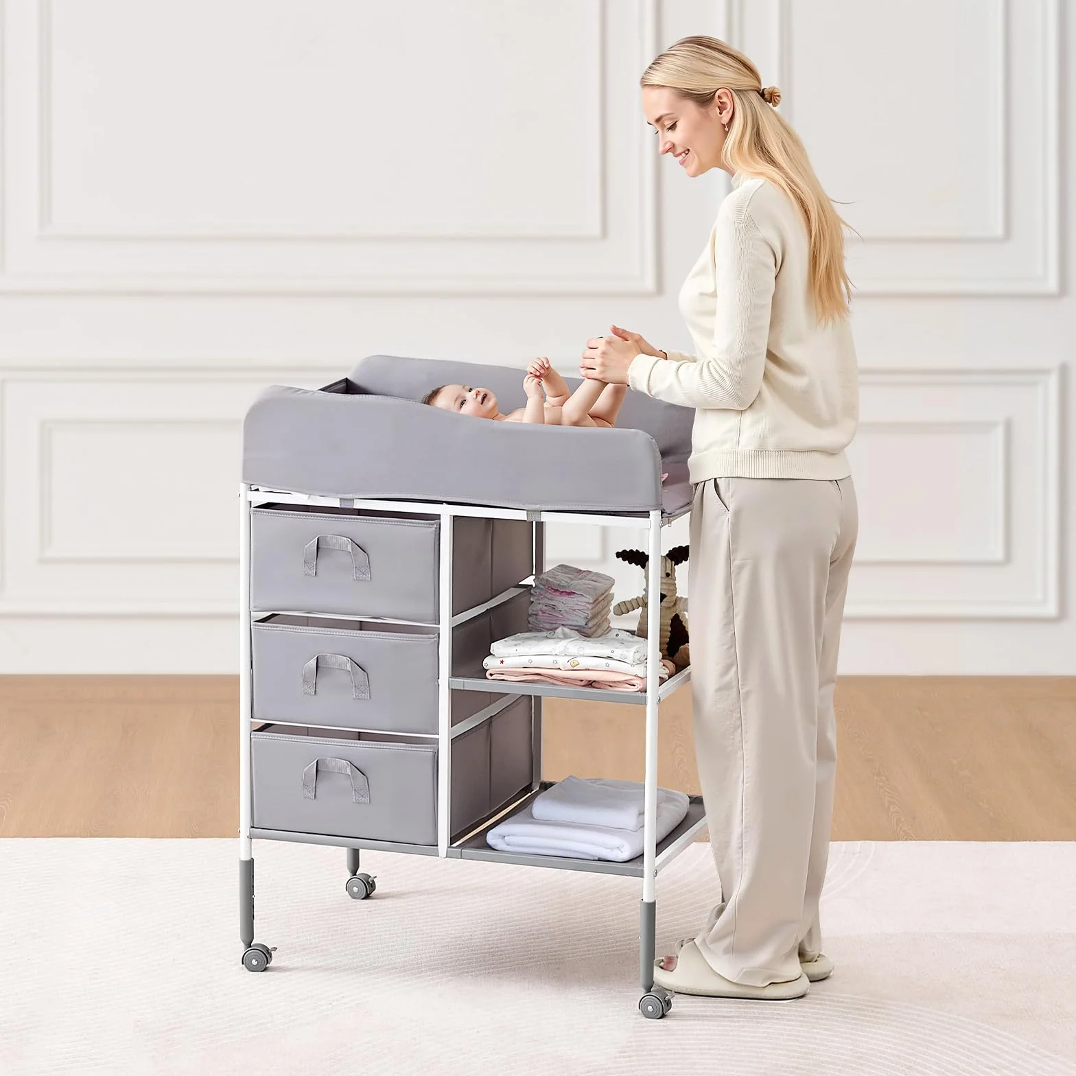 VEVOR Table à Langer Portable avec 3 Tiroirs en Tissu et Roulettes Verrouillables, Meuble pour Bébés Multifonctionnel, Hauteur Réglable, Gris
