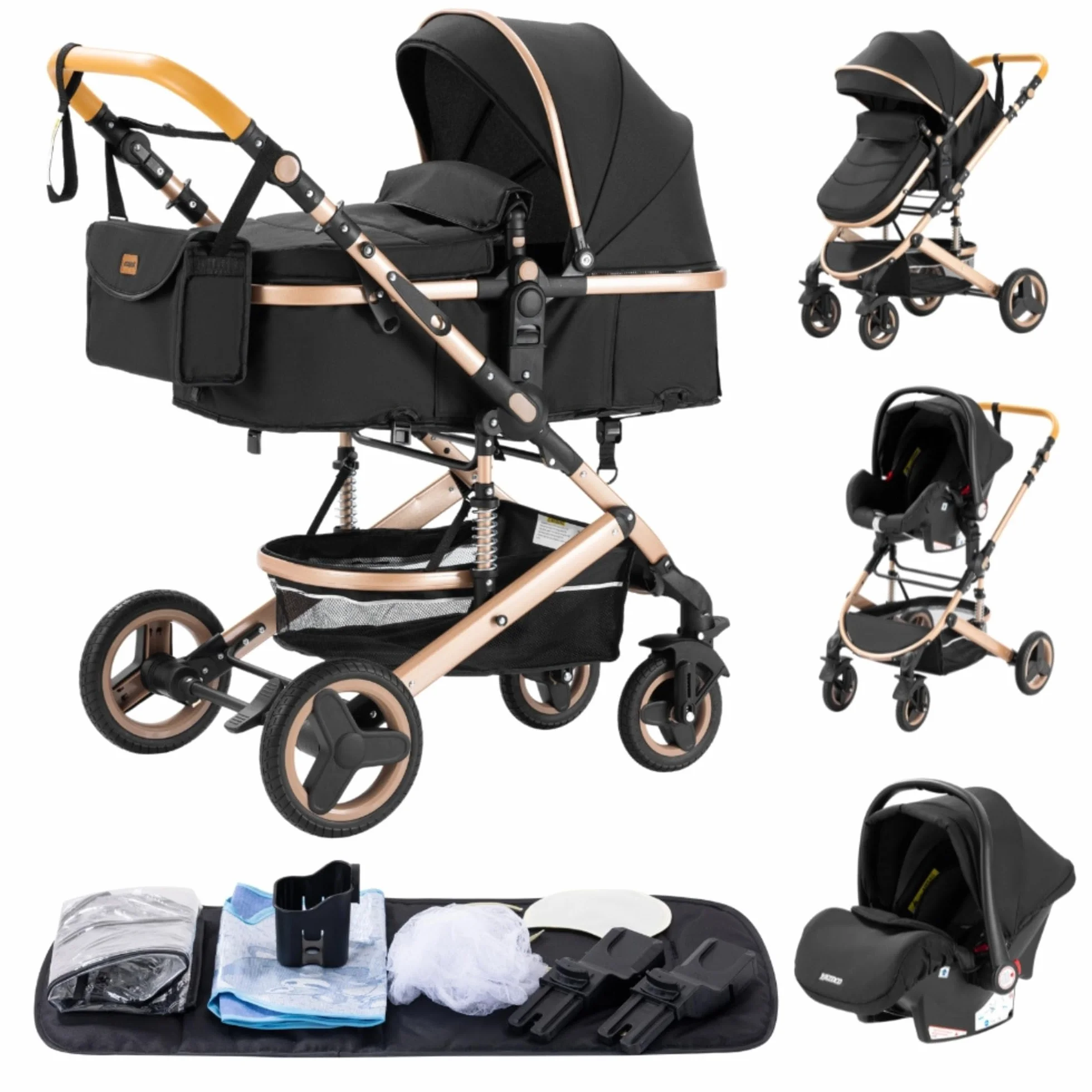 YAZOCO Poussette 3 en1, Compacte Poussette CombinéEs Anstout Terrain Luxe Haut Paysage Quadruple 0-36kg Pliable Canne Bébé Poussettes Confort Siège auto (Noir)