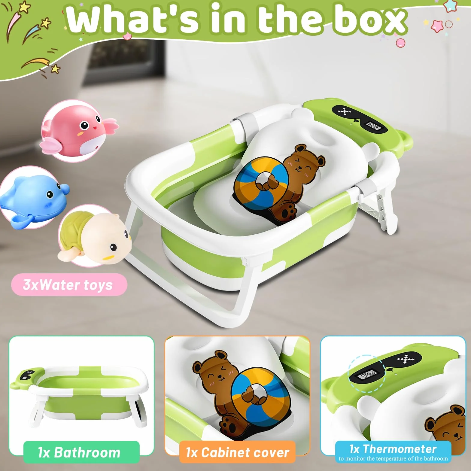 Baignoire Bébé Pliable avec Coussin de Bain et Thermomètre Intégré, Bouchon d'Évacuation, Vert Ours