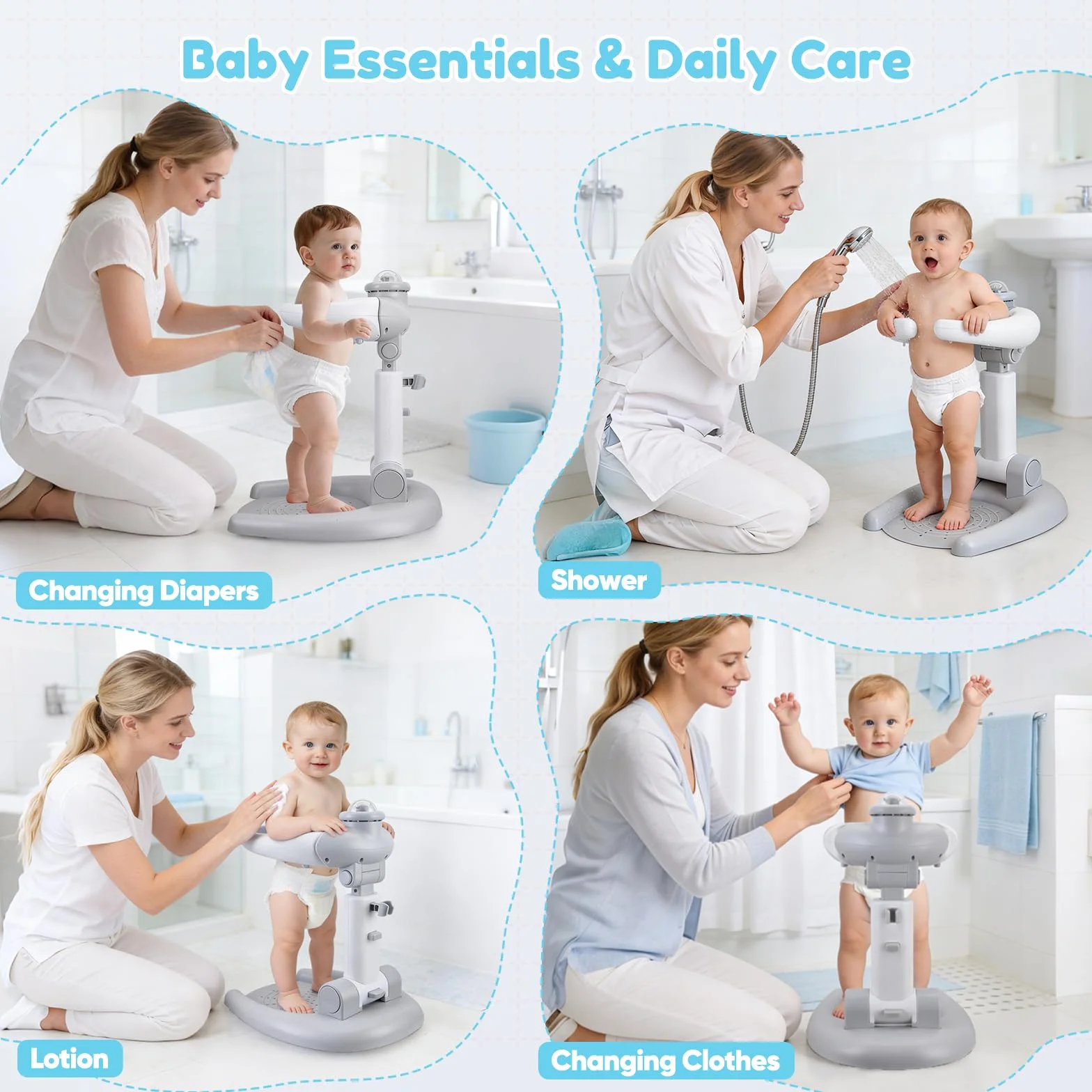 Support de douche réglable pour enfants 2 en 1 pliable avec tabouret