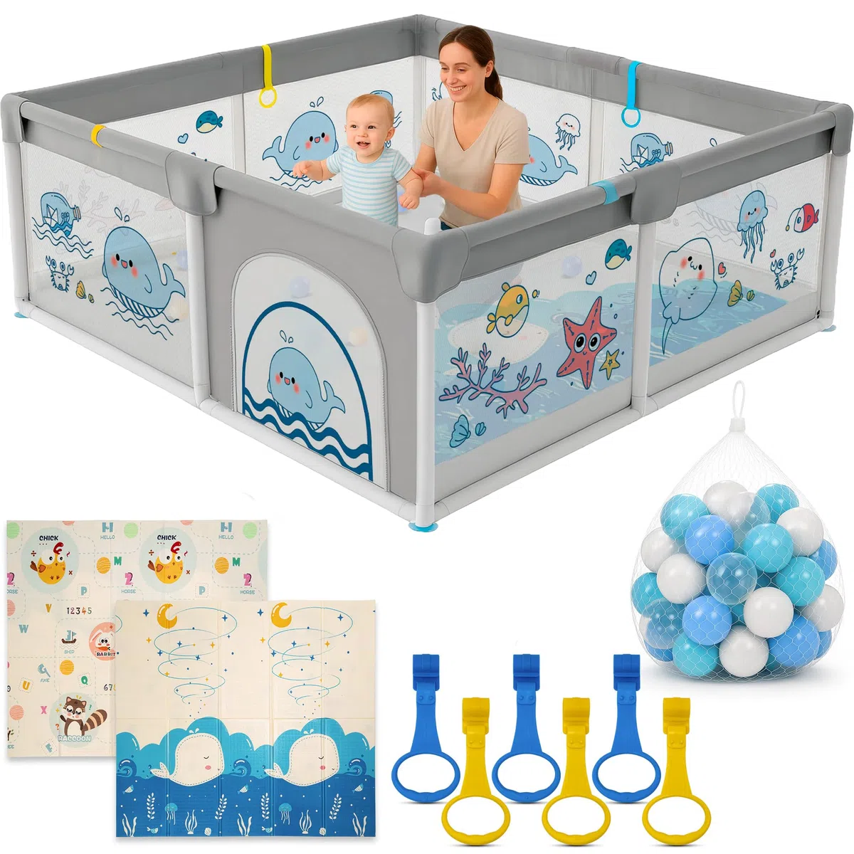 Parc pour bébé 150 x 180 cm + tapis pour bébé + 60 balles + poignées + sacs de transport – Parc de jeux pour bébé avec maille respirante – Playpen Bebe (150 x 180 cm)
