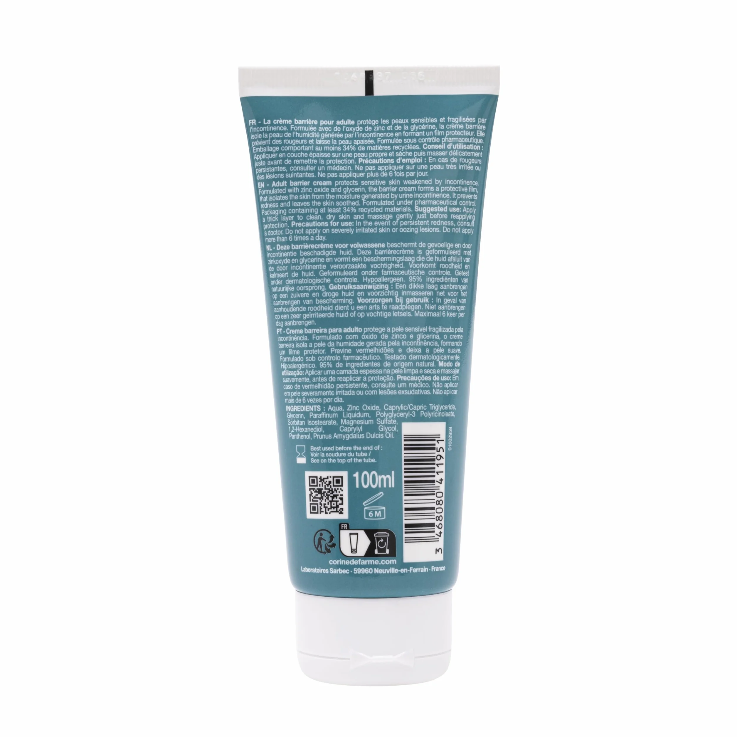 Corine de Farme Crème Barrière Adulte Oxyde de Zinc 100ml Protection Peaux Sensibles