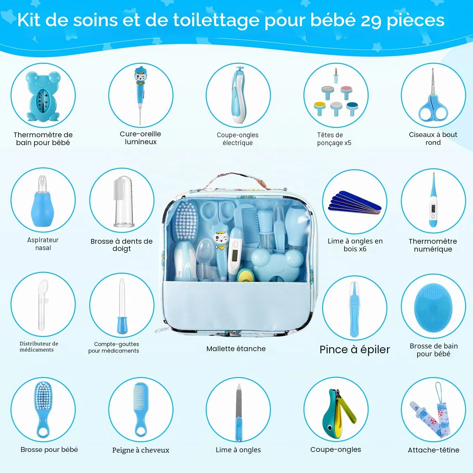 Kit de soins de toilettage pour bébé 28 pièces avec brosse peigne coupe-ongles