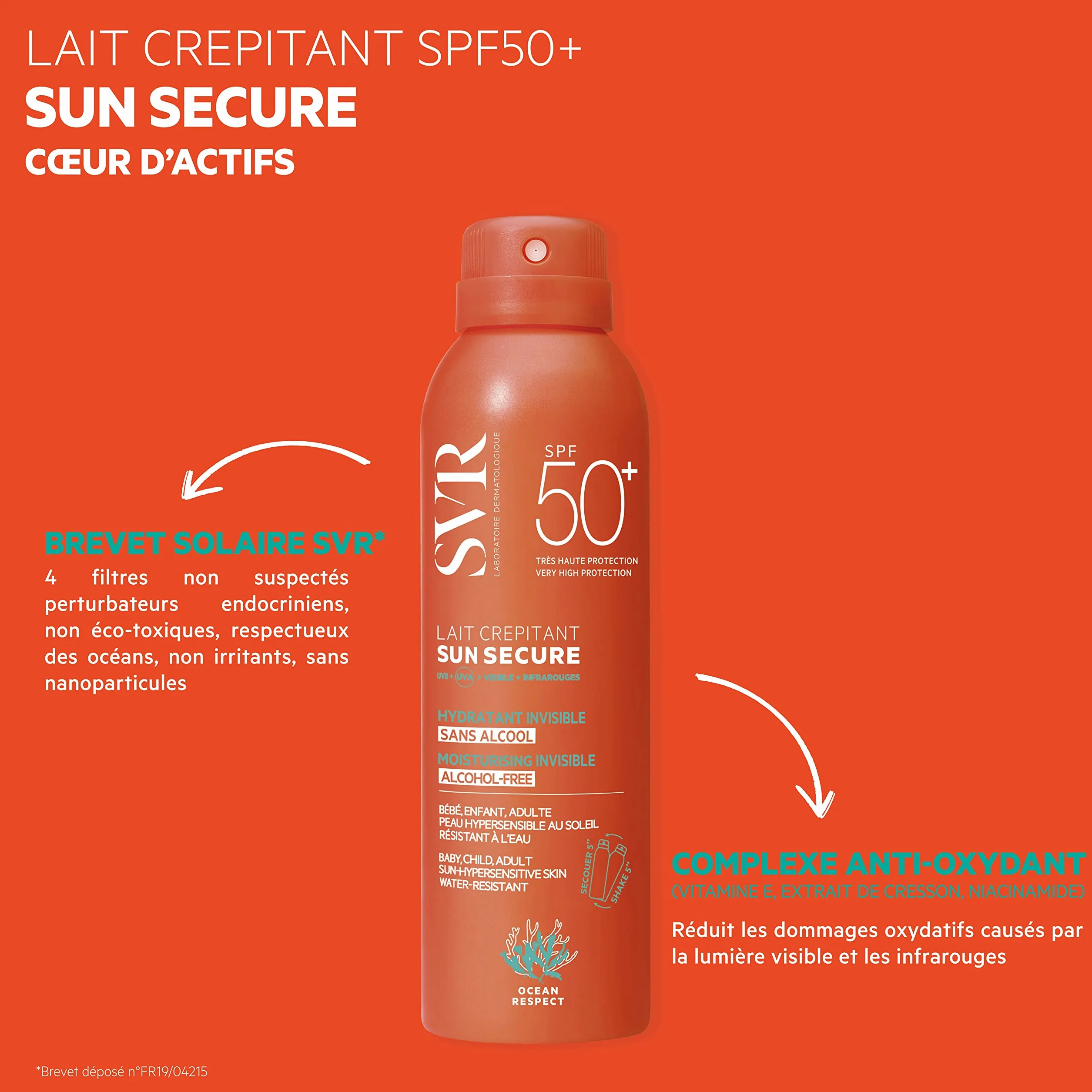 SVR Sun Secure Lait Crépitant SPF50+ Lait solaire hydratant invisible Très haute protection UVA UVB 200 ml