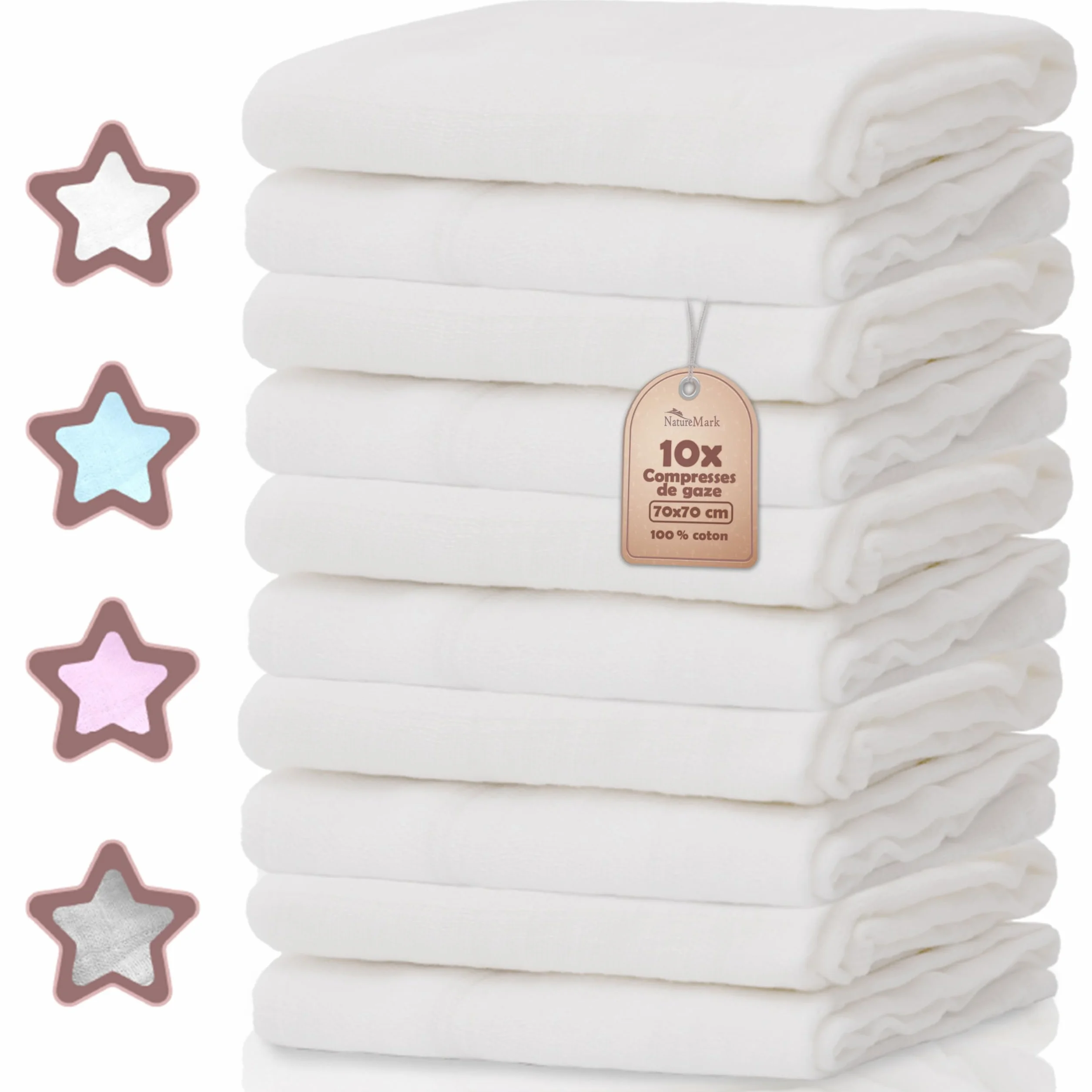 NatureMark Lot de 10 Linges en Mousseline pour Bébé 100% Coton 70x70 cm Blanc