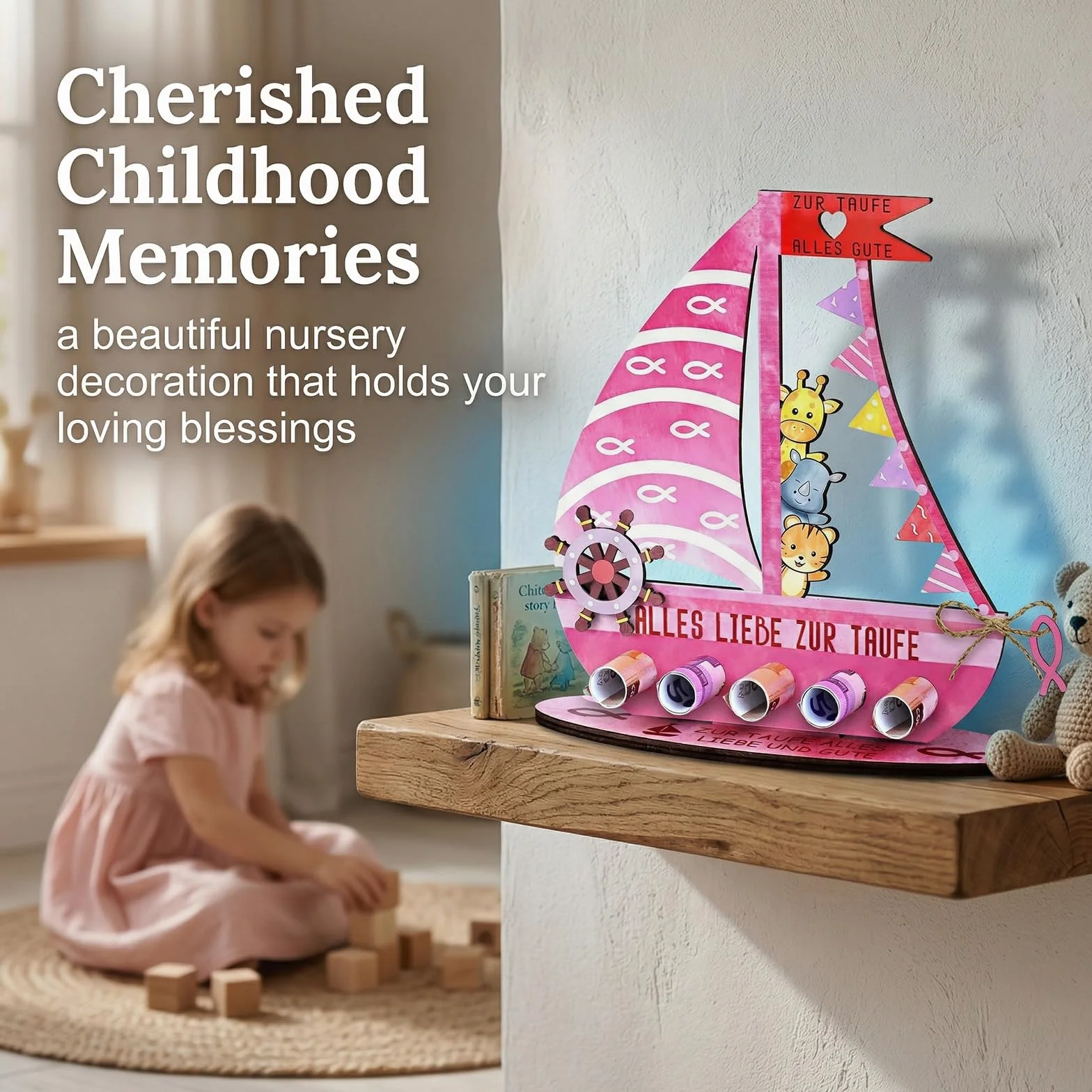 Cadeau Baptême Fille en Bois, Arche de Noé Rose, Souvenir Communion Anniversaire Baby Shower