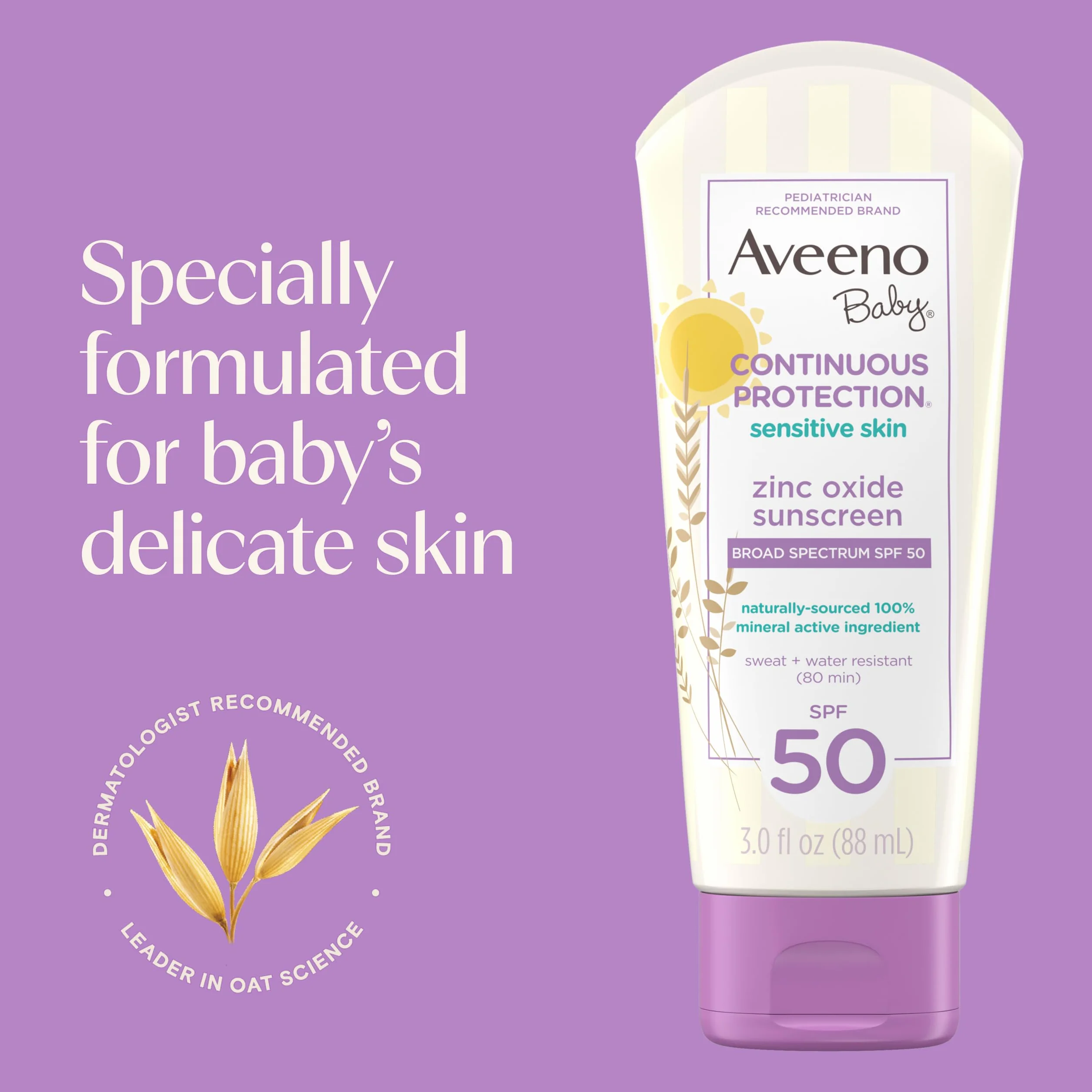 Aveeno Baby Continuous Protection Zinc Oxide Mineral Sunscreen Lotion SPF 50, Water Resistant, 3.0 Fl. Oz