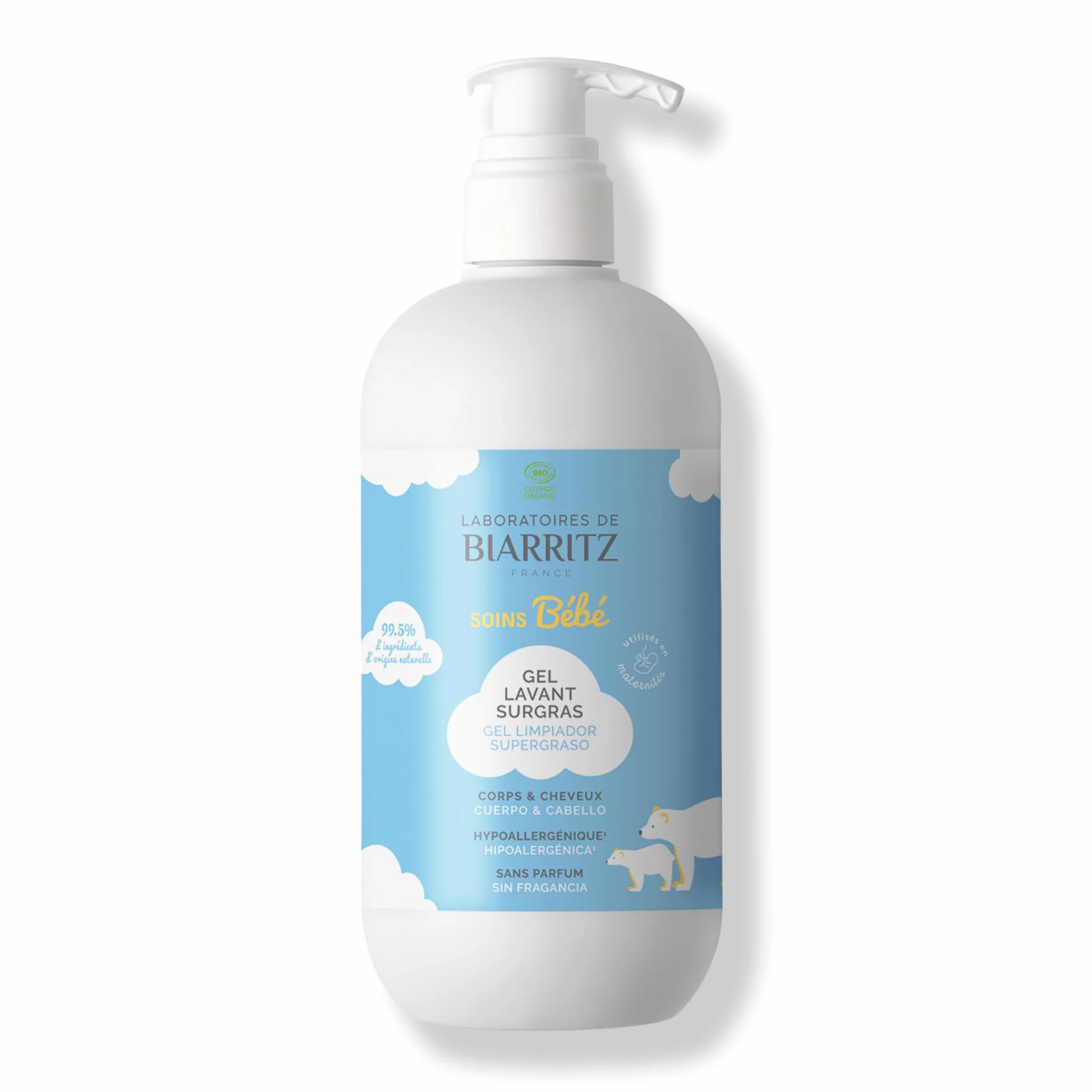 Laboratoires de Biarritz Gel Lavant Surgras Bébé Sans Parfum pH Neutre Certifié Bio 500 ml Fabriqué en France