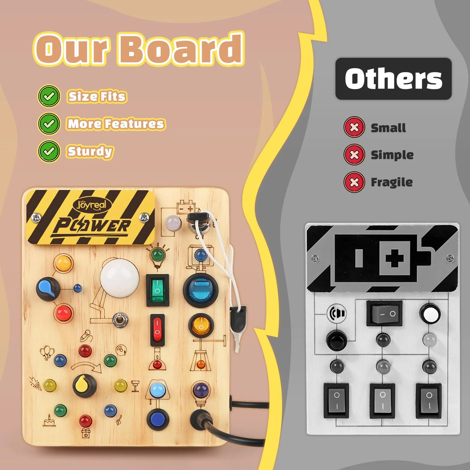 Joyreal Planche Busy Board Montessori en Bois avec 19 LED, Jouet Bebe 1 2 3 Ans, Tableau d'Activité Sensoriel