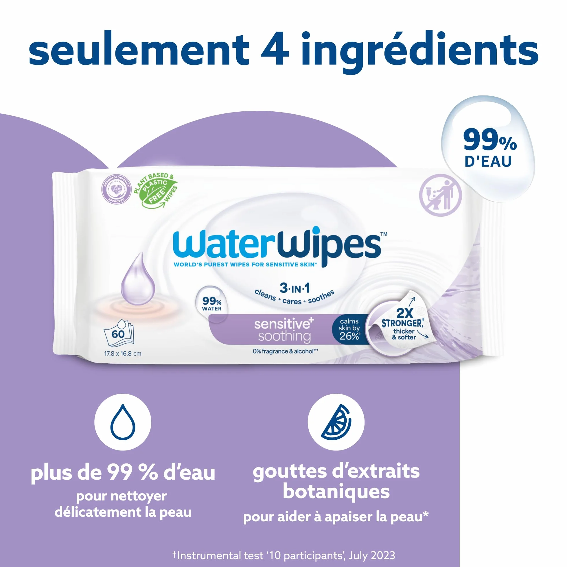 WaterWipes Sensitive+ Lingettes Apaisantes 720 unités 12 paquets 3-en-1 nettoie soigne apaise 99% eau extraits botaniques non parfumées